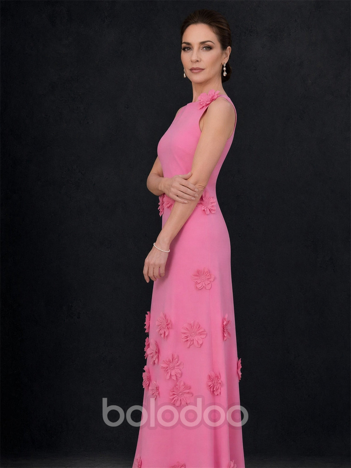BOLODOO pink 3D floral appliqué sleeveless maxi dress - full length front view angle 2 | BOLODOO watermark