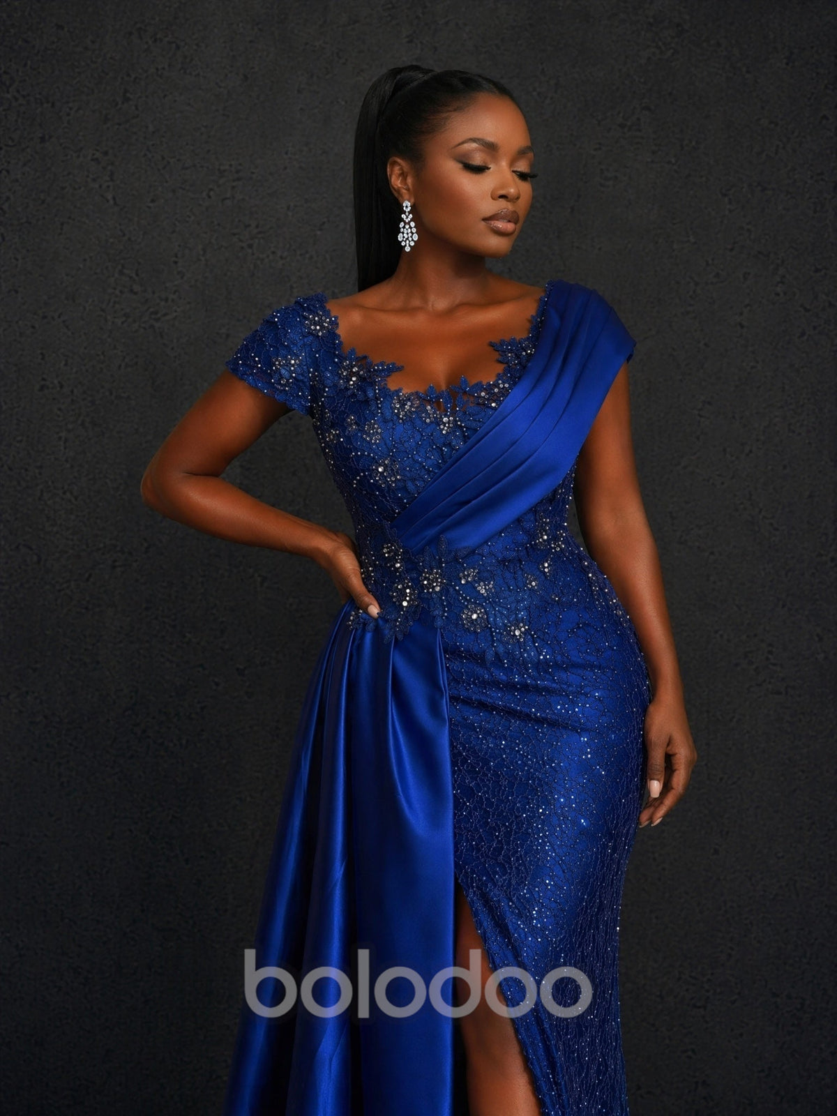BOLODOO royal blue sequin lace cap sleeve mermaid maxi dress - three-quarter front view showing bodice detail | BOLODOO watermark