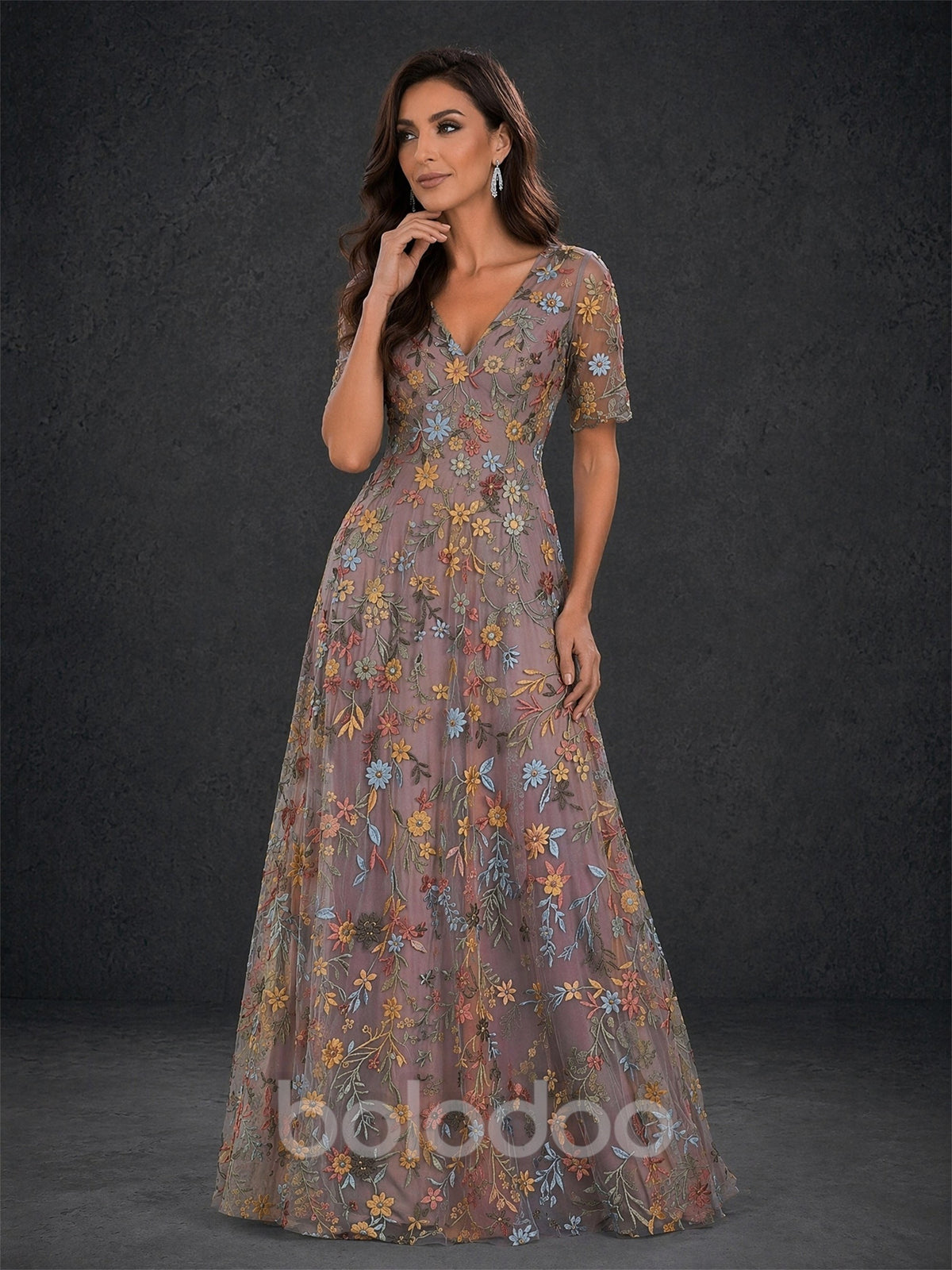 BOLODOO dusty mauve floral embroidered tulle short sleeve V-neck A-line maxi dress - back view | BOLODOO watermark