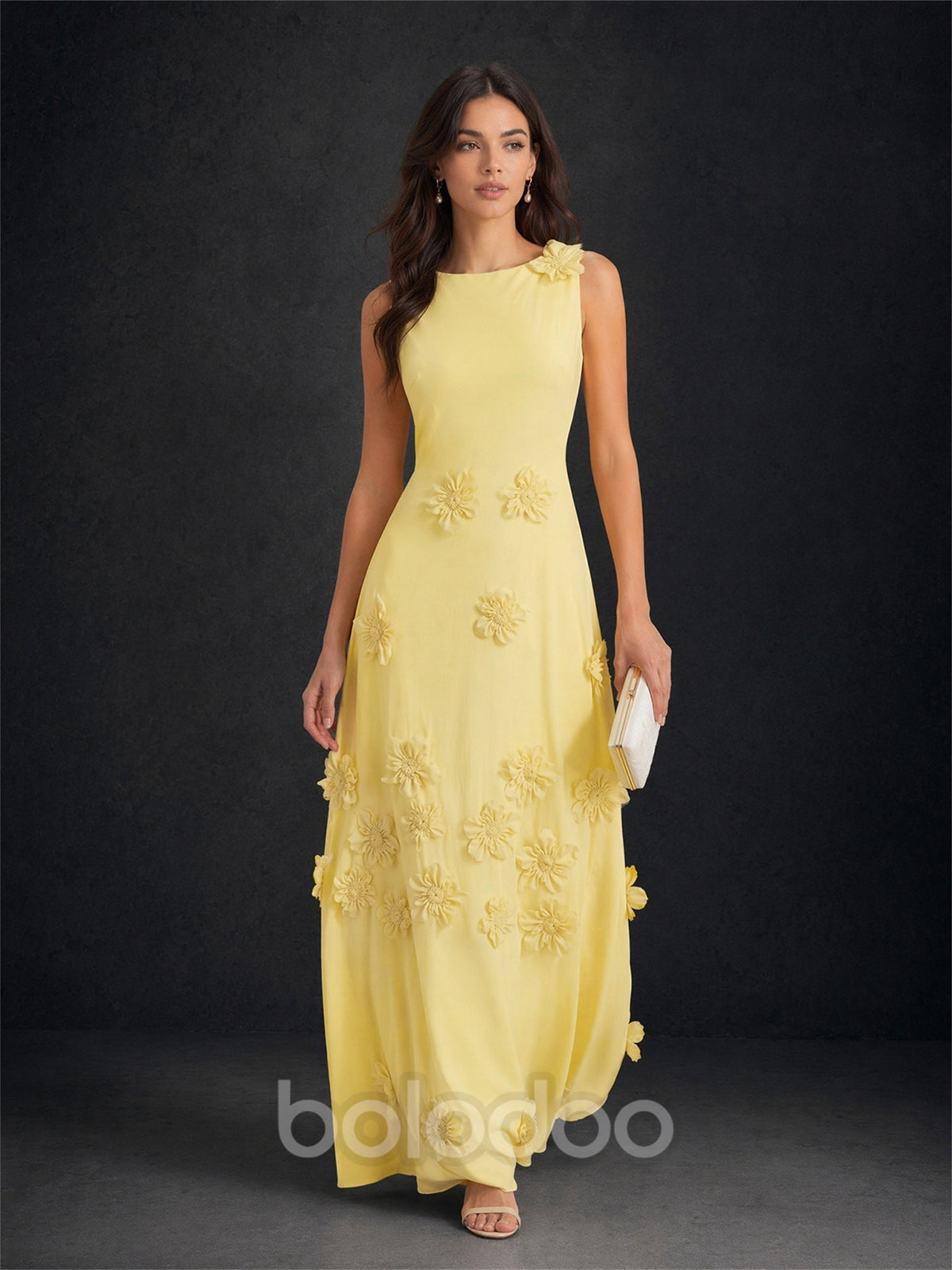 BOLODOO Lemon Yellow Chiffon 3D Daisy Floral Applique Round Neck Sleeveless A-Line Maxi Dress | BOLODOO watermark