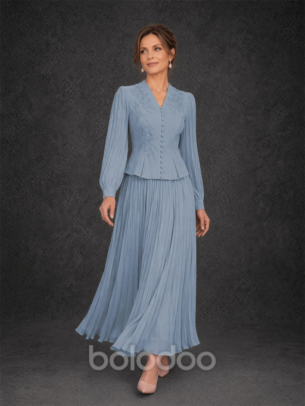 BOLODOO Dusty Blue Lace Embroidered V-Neck Lantern Sleeve Peplum Pleated Maxi Dress - Front Three Quarter Walking View | BOLODOO watermark