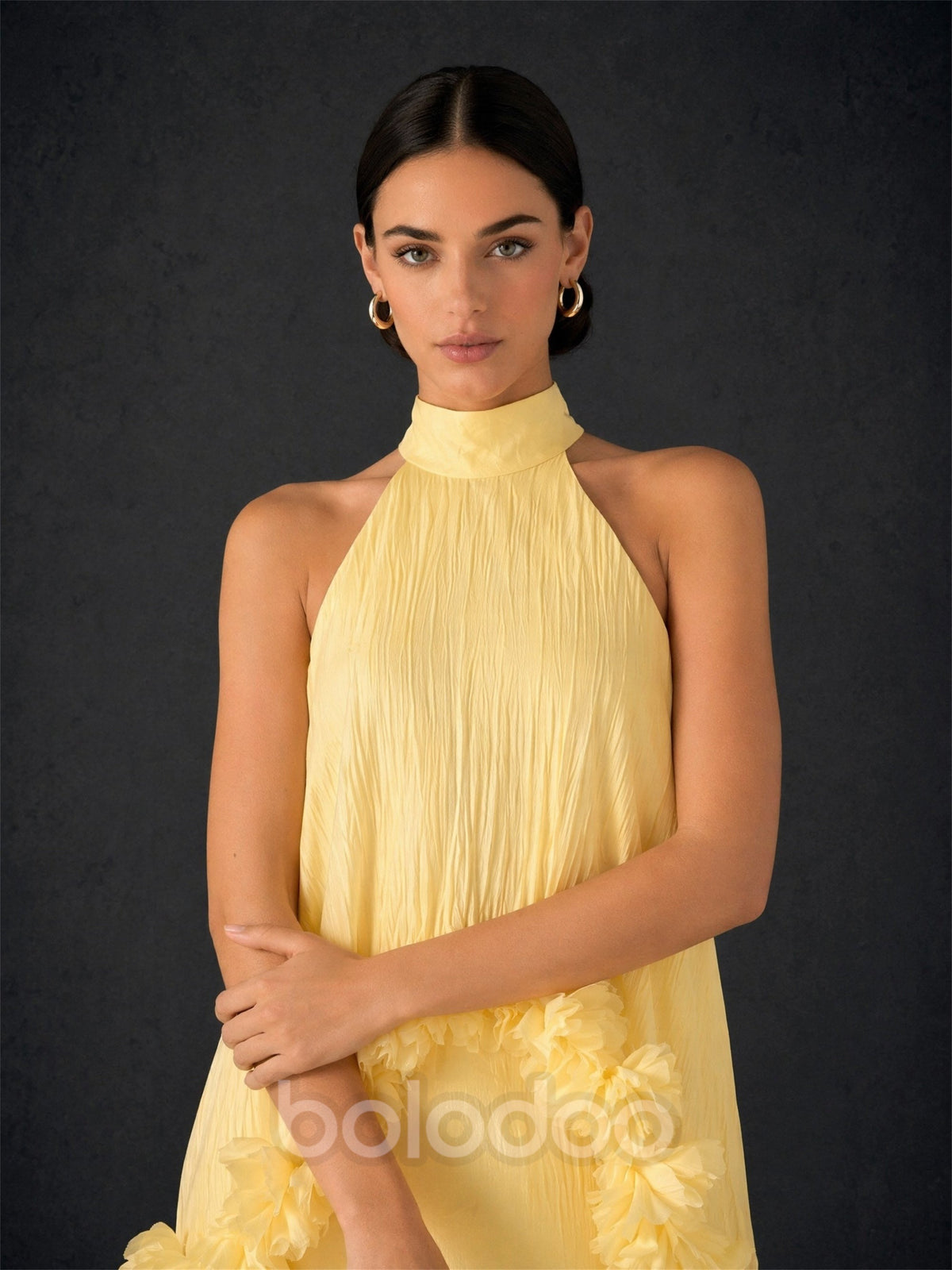 BOLODOO Lemon Yellow Crinkle Chiffon Halter 3D Floral Ruffle Cape Midi Dress - Back View showing Keyhole Open Back and Cape | BOLODOO watermark