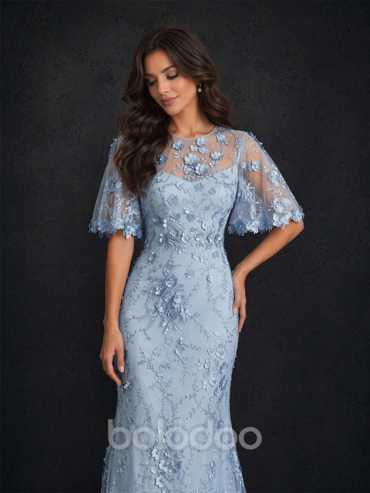 BOLODOO Powder Blue 3D Floral Lace Flutter Sleeve Mermaid Maxi Dress - Front Full Length Smiling View | BOLODOO watermark