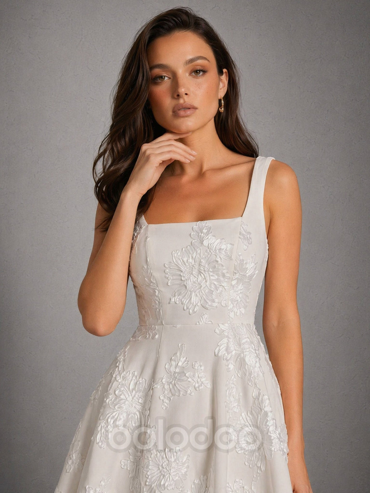 BOLODOO Pearl White Iridescent Floral Embroidered Square Neck A-Line Mini Dress - Front Full Length Walking View | BOLODOO watermark