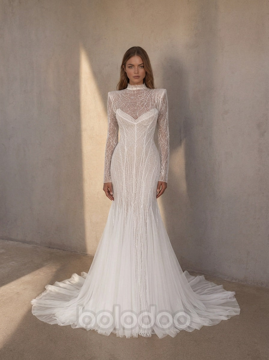 BOLODOO ivory pearl beaded sequin embroidered tulle strapless sweetheart mermaid wedding dress - long sleeve sheer lace high neck topper styling option | BOLODOO watermark