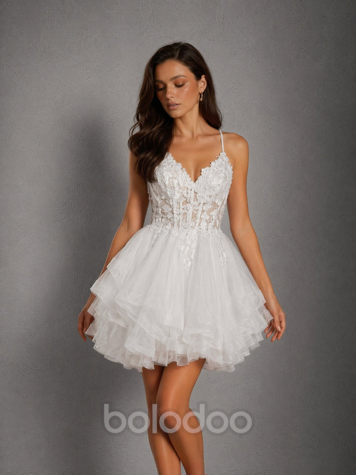 BOLODOO Ivory 3D Floral Lace Corset Deep V Spaghetti Strap Tiered Tulle Mini Dress - Front Full Length Looking Down View | BOLODOO watermark