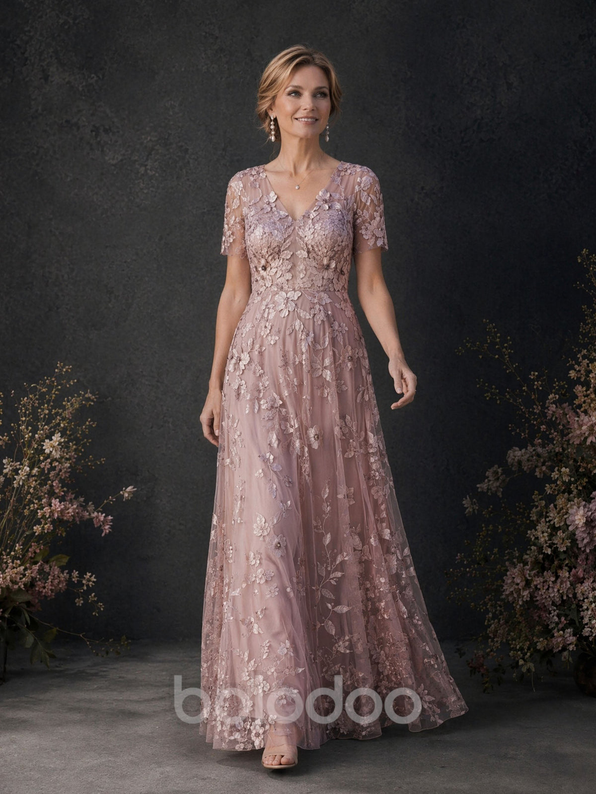 BOLODOO Rose Pink 3D Floral Embroidered Lace V-Neck Short Sleeve A-Line Maxi Dress - Front Full Length Walking View showing Skirt Movement | BOLODOO watermark