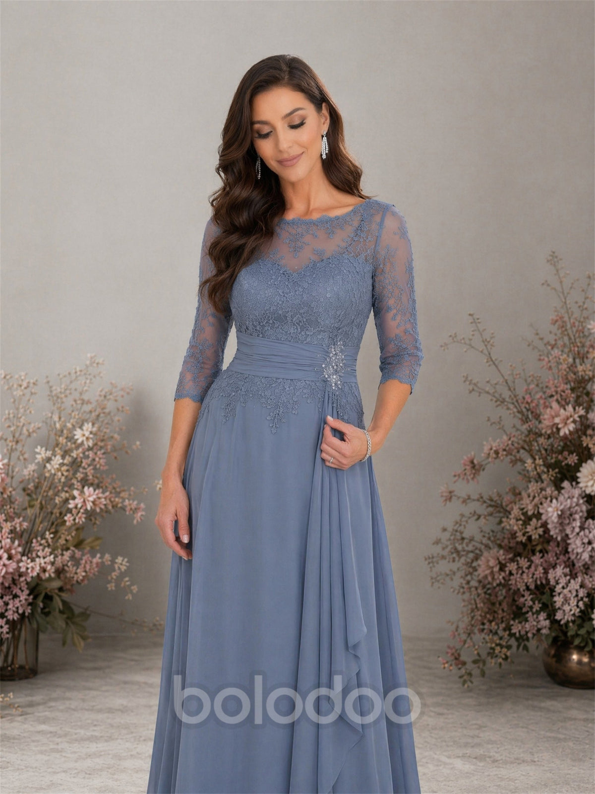 BOLODOO Dusty Blue Chiffon Lace Formal Gown - Back View | BOLODOO watermark
