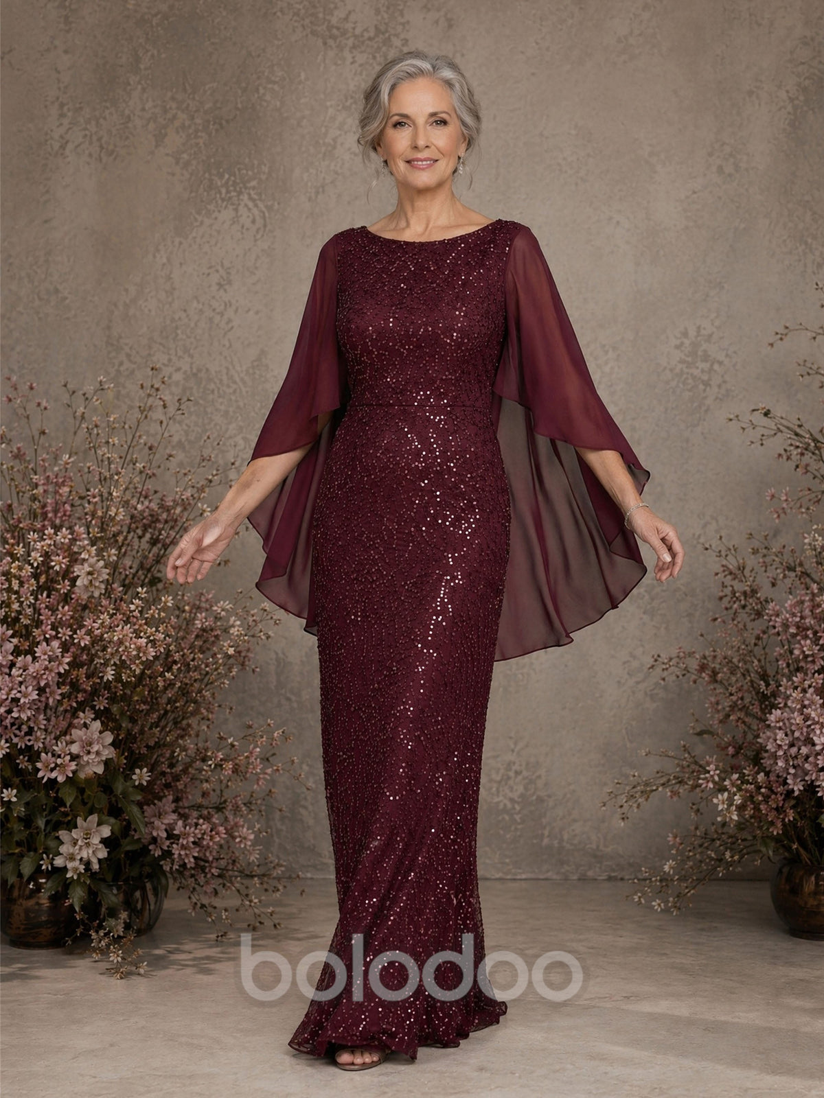 BOLODOO Burgundy Sequin Lace Cape Sleeve Sheath Formal Gown - Front Cape Sleeves Extended View | BOLODOO watermark
