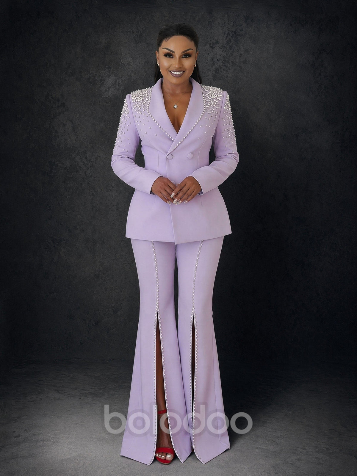 BOLODOO Lavender Pearl Rhinestone Shawl Lapel Blazer Pearl Trim Flare Pants Suit - Front Full Length Smiling View | BOLODOO watermark