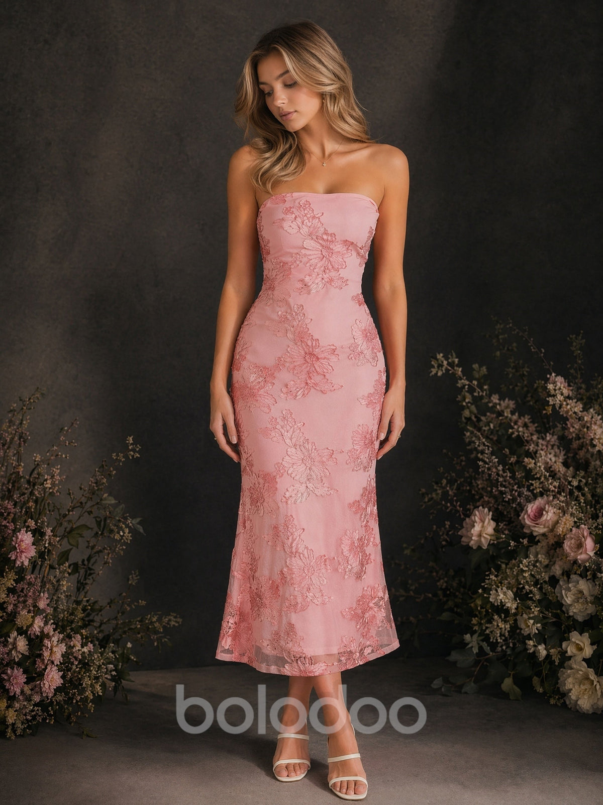 BOLODOO Rose Pink Floral Embroidered Mesh Strapless Open Back Bodycon Midi Dress - Front Full Length Walking View | BOLODOO watermark