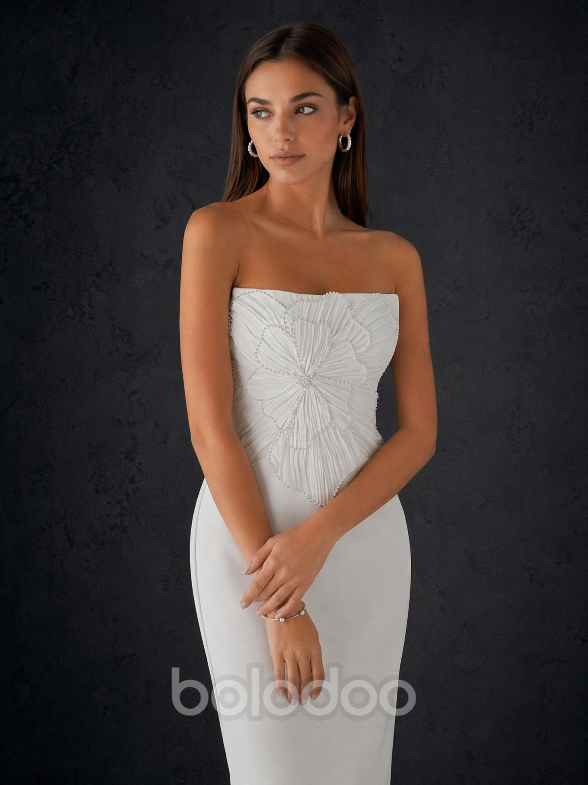 BOLODOO Ivory Strapless 3D Sculptural Petal Feather Embroidered Bodycon Midi Dress - Front Full Length Standing Side View | BOLODOO watermark