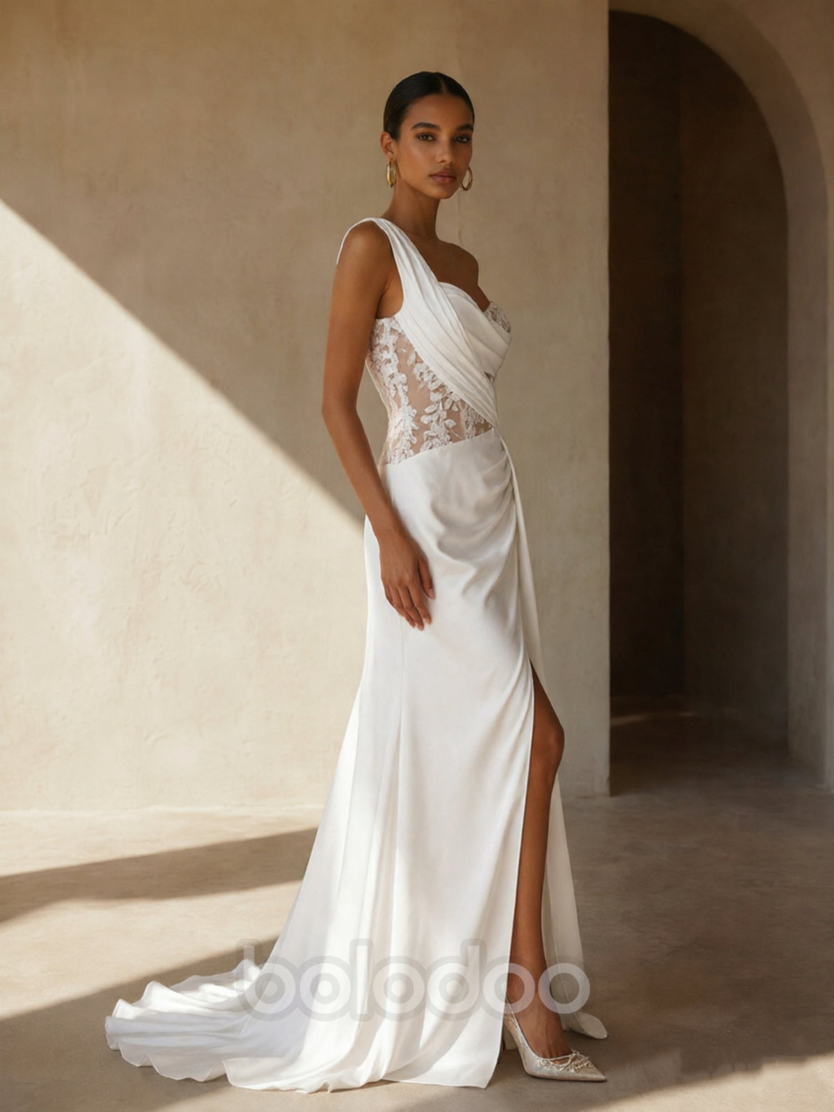 BOLODOO Ivory One-Shoulder Satin Sheer Lace Corset Waist Open Back High Slit Mermaid Wedding Dress - Side Full Length View Showing Silhouette and Slit | BOLODOO watermark
