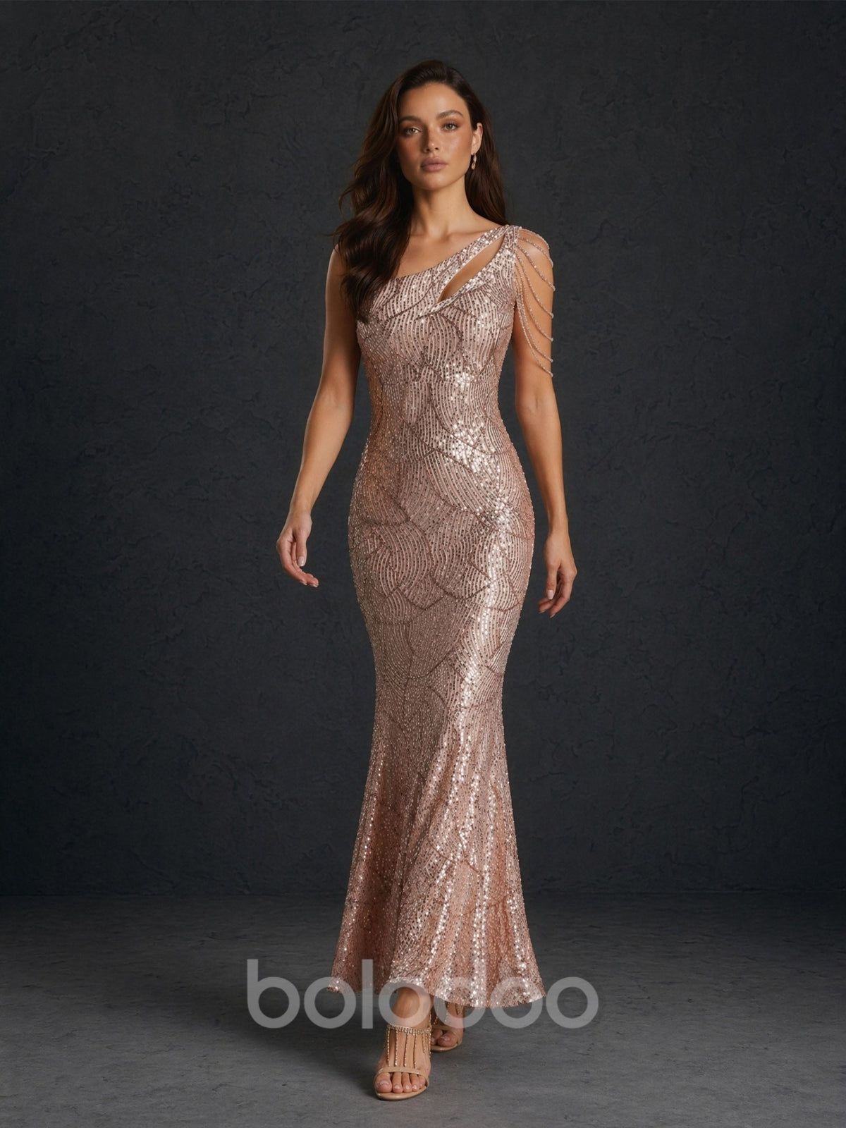 BOLODOO Rose Gold Geometric Wave Sequin One-Shoulder Cutout Multi-Strand Chain Drape Low Open Back Mermaid Maxi Dress - Front Upper Body Close-up Showing One-Shoulder Cutout Neckline and Multi-Strand Gold Chain Drape Detail | BOLODOO watermark