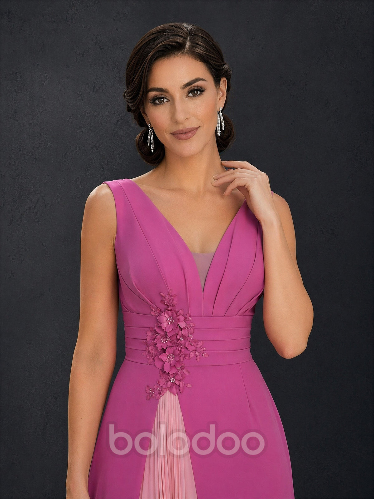 BOLODOO Magenta Pink Two-Tone Chiffon V-Neck 3D Floral A-Line Maxi Dress – 3D Floral Waist Close-Up | BOLODOO watermark