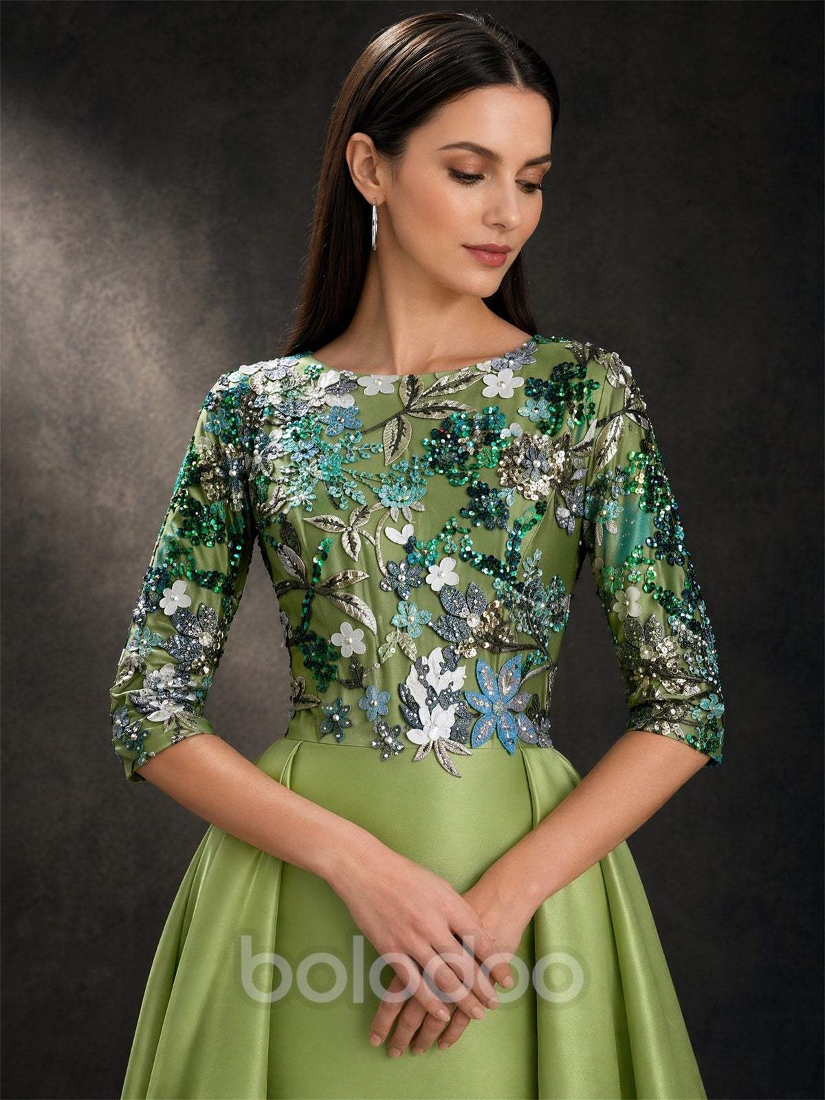 BOLODOO Olive Green 3/4 Sleeve Sequin Embroidered Satin A-Line Gown – Bodice Sequin Embroidery Close-Up | BOLODOO watermark