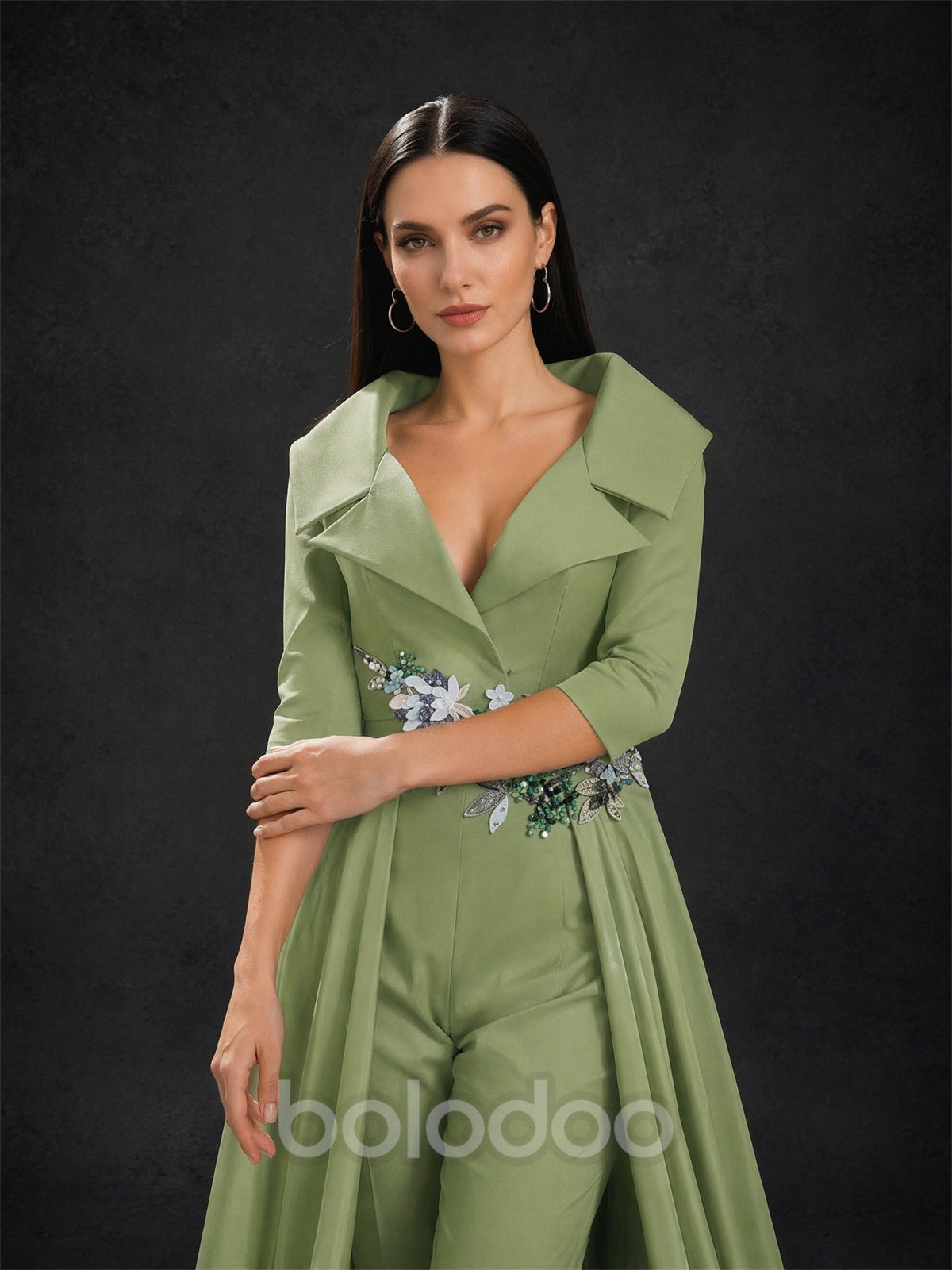 BOLODOO Olive Green Satin Jumpsuit with Detachable Overskirt Train – Upper Body V-Neck & Floral Embroidery Detail | BOLODOO watermark