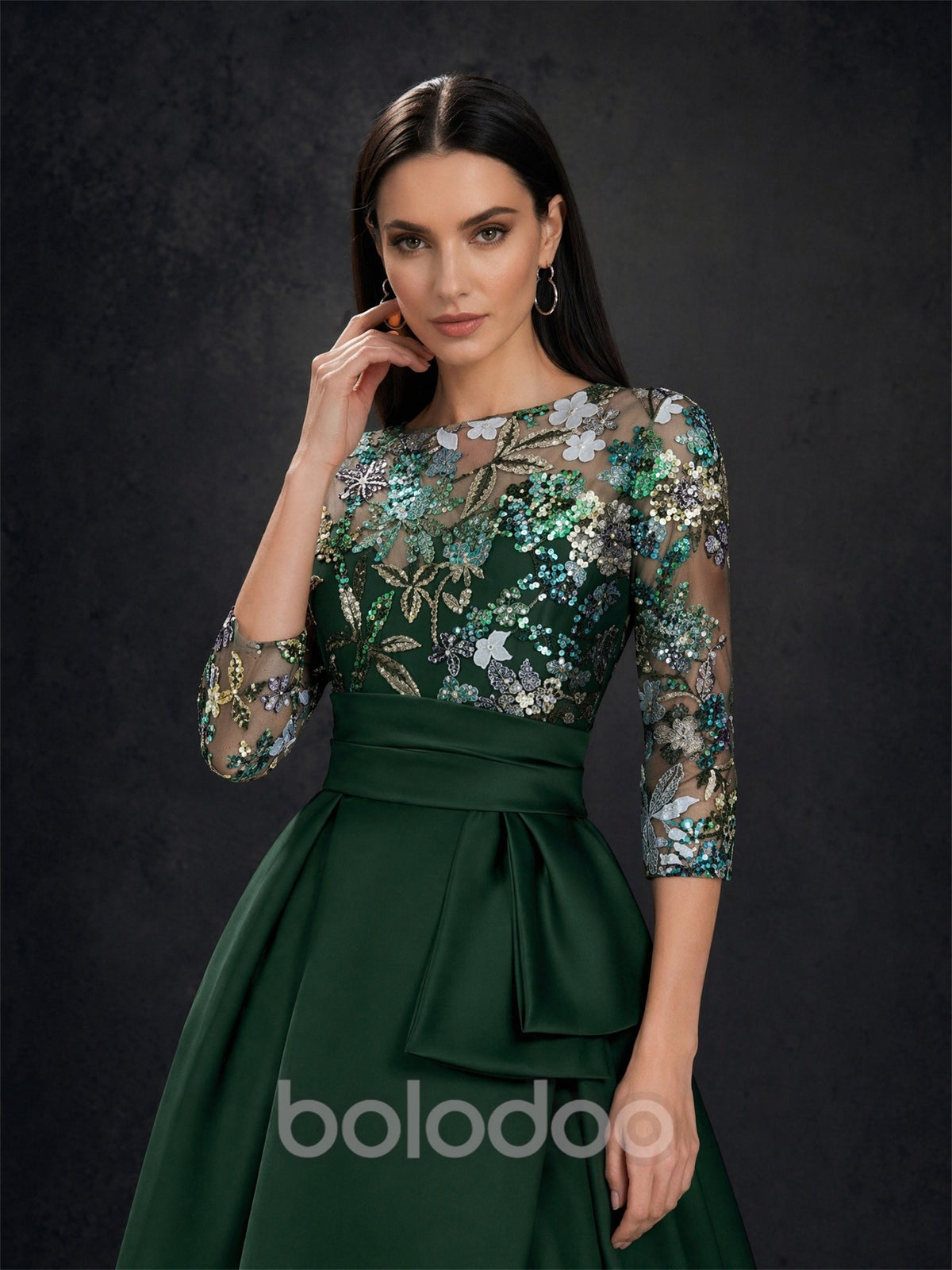 BOLODOO Emerald Green Sequin Illusion Bodice Satin A-Line Gown – Upper Body Sequin Embroidery Close-Up | BOLODOO watermark