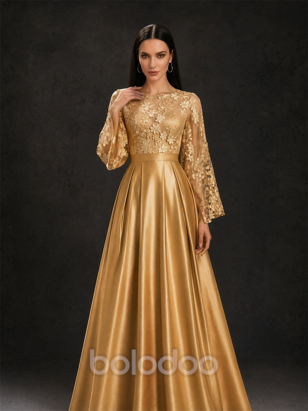 BOLODOO Gold Long Lantern Sleeve Floral Lace Illusion Bodice Satin A-Line Gown – Back View Full Length | BOLODOO watermark
