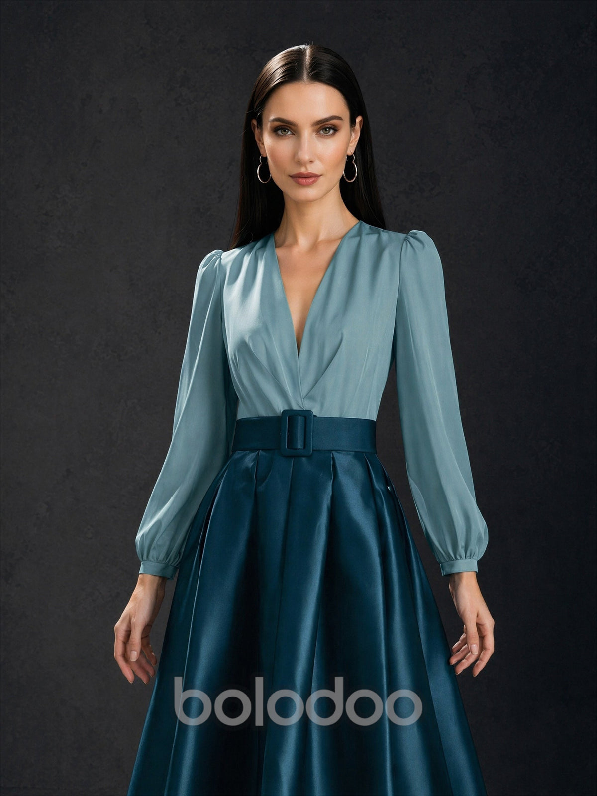 BOLODOO Two-Tone Dusty Blue Teal V-Neck Lantern Sleeve Satin A-Line Gown – Back View Full Length | BOLODOO watermark