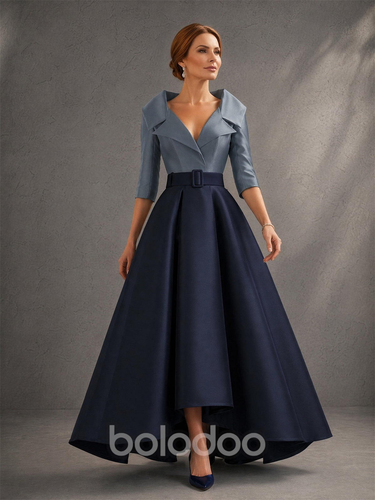 BOLODOO Two-Tone Steel Blue Navy Lapel Collar Satin Hi-Low A-Line Gown – Three-Quarter View Showing Hi-Low Hem | BOLODOO watermark