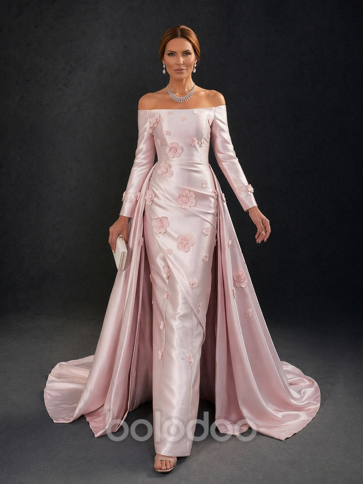 BOLODOO Blush Pink Off-Shoulder Long Sleeve 3D Floral Satin Mermaid Gown – Front View Showing Draped Overskirt | BOLODOO watermark