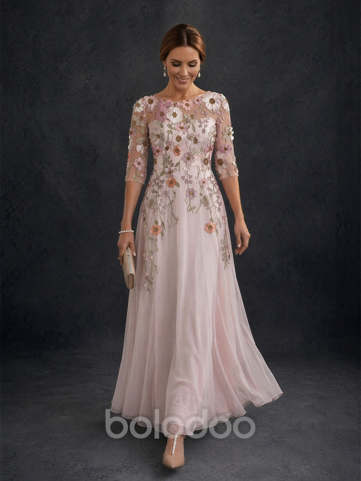 BOLODOO Blush Pink 3D Floral Vine Embroidered Illusion Tulle A-Line Gown – Back View Full Length | BOLODOO watermark