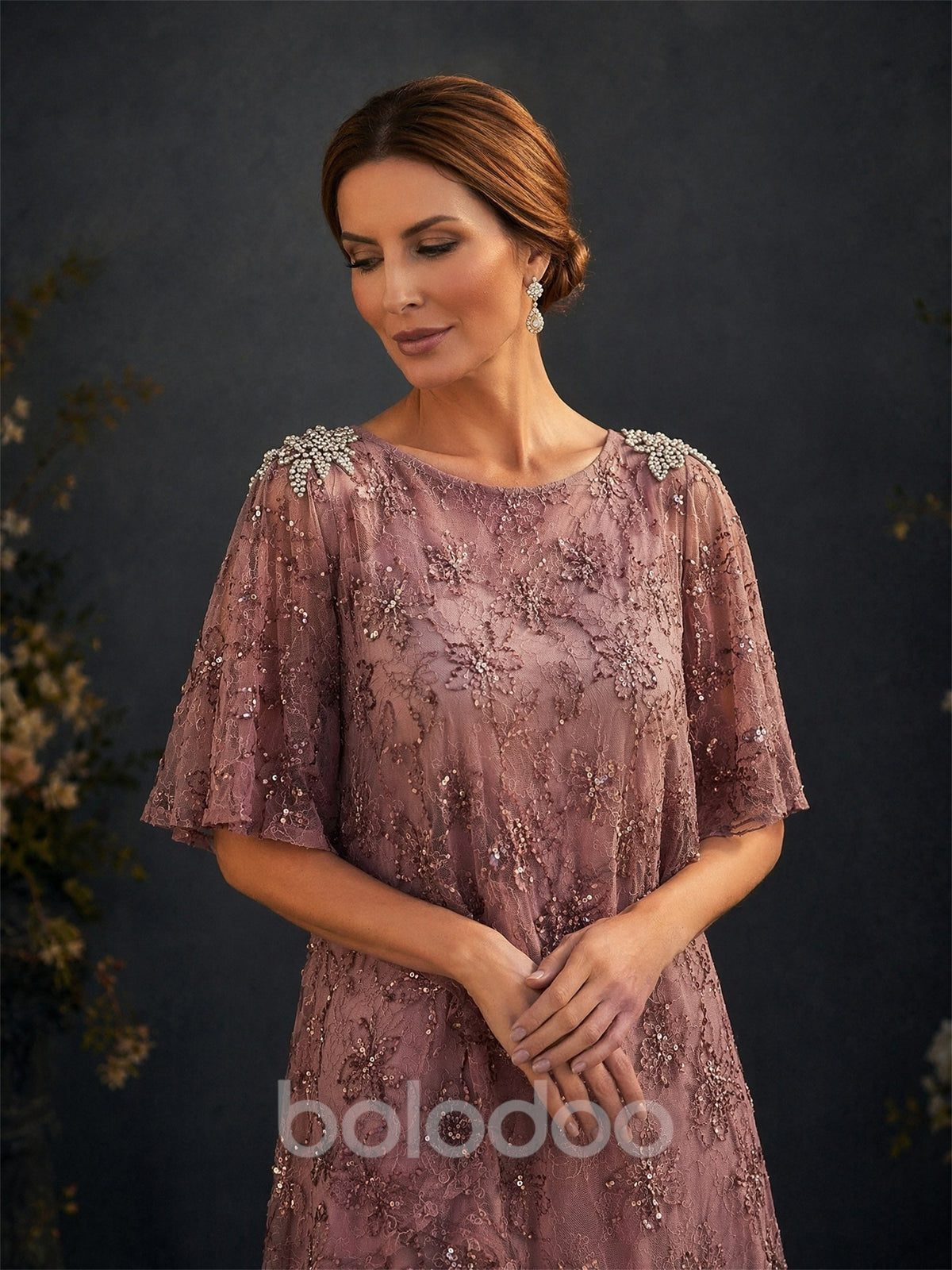 BOLODOO Dusty Rose Flutter Sleeve Sequin Floral Lace Tiered A-Line Gown – Upper Body Pearl Shoulder & Lace Detail Close-Up | BOLODOO watermark