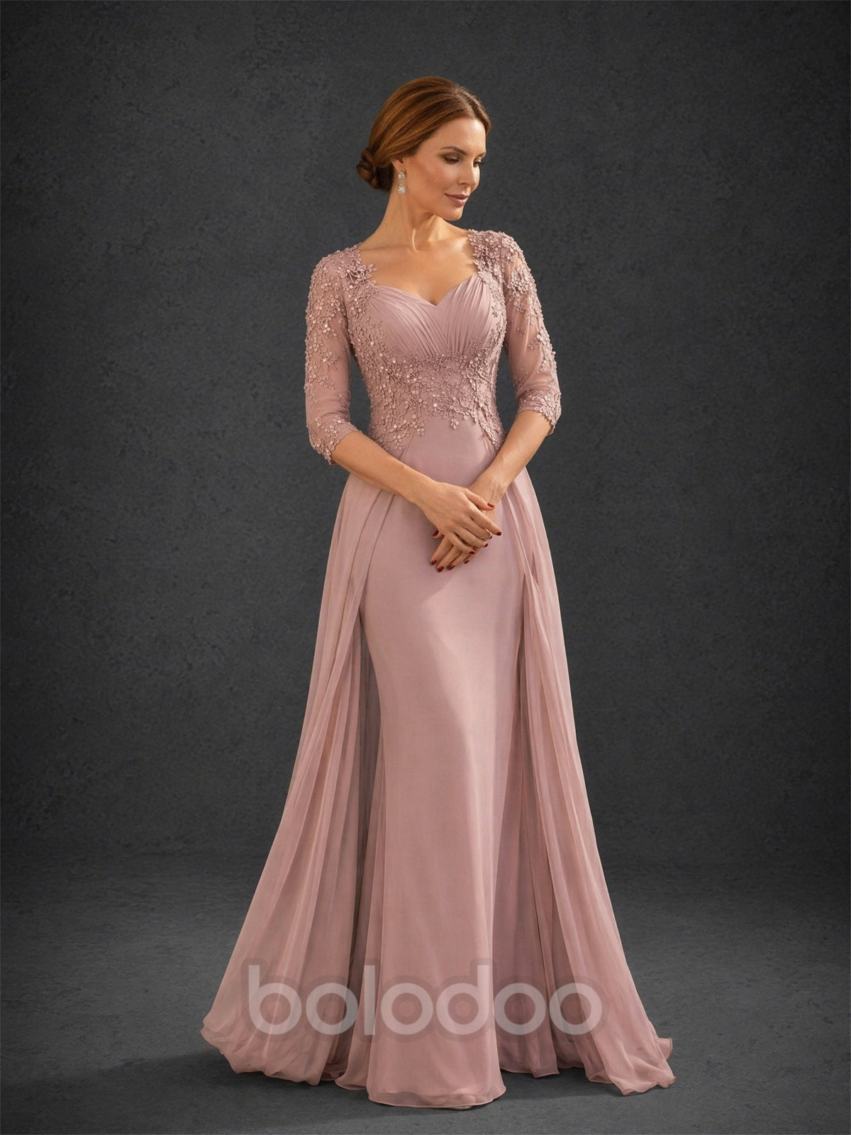 BOLODOO Dusty Pink Sweetheart Neck Floral Lace Illusion Bodice Chiffon A-Line Gown – Back View Showing Full Illusion Lace Back | BOLODOO watermark