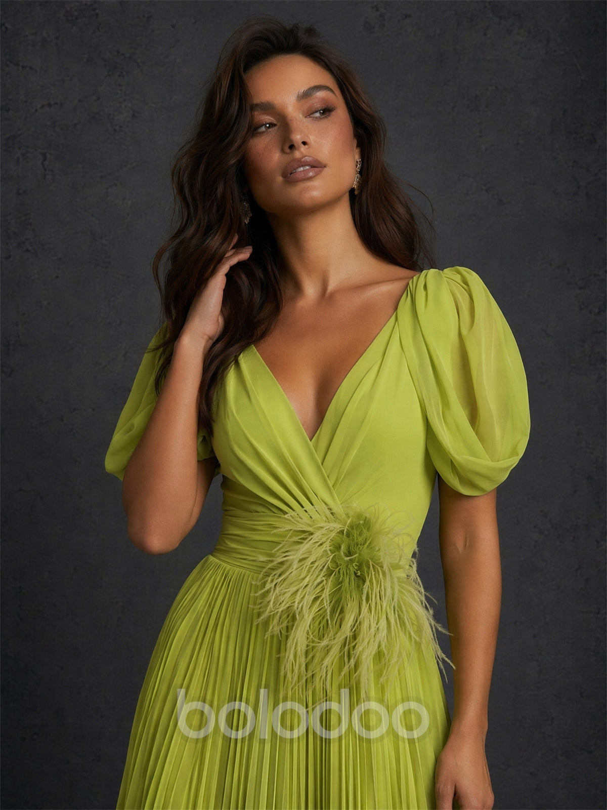 BOLODOO chartreuse green puff sleeve feather waist pleated maxi dress - close up detail view | BOLODOO watermark