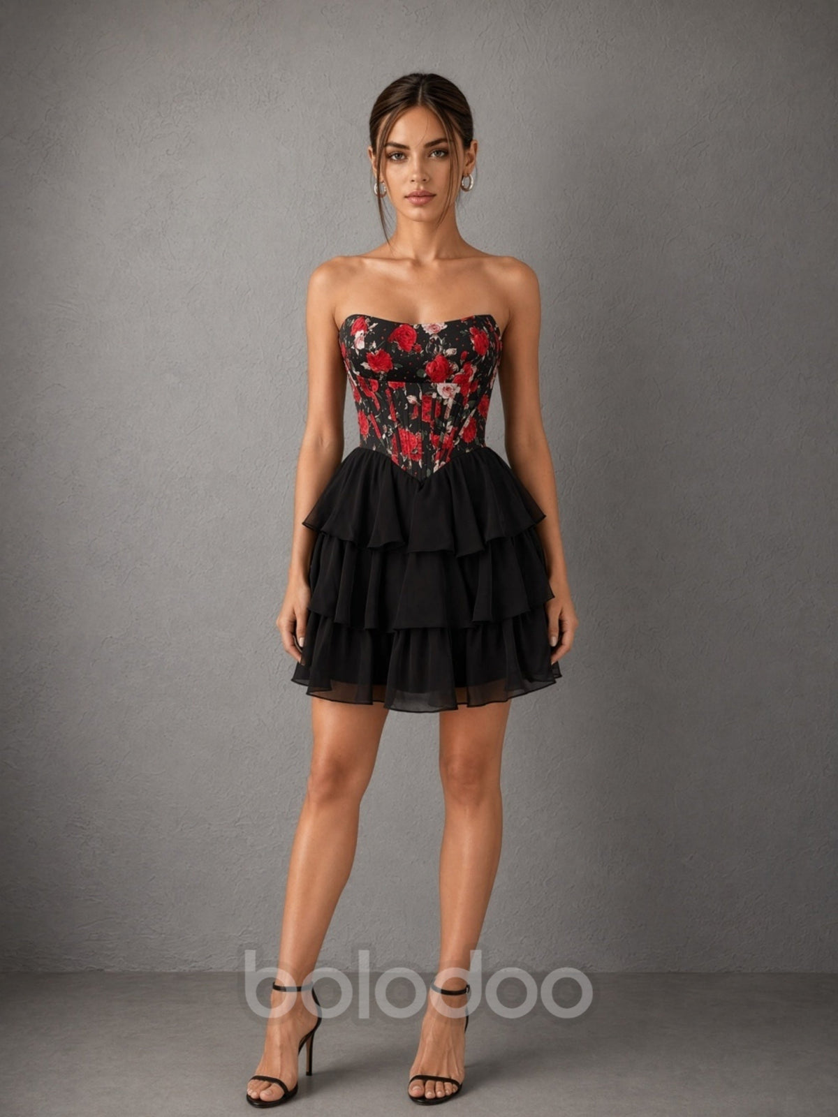 BOLODOO black red floral strapless corset tiered ruffle mini dress - upper body close-up showing corset detail | BOLODOO watermark