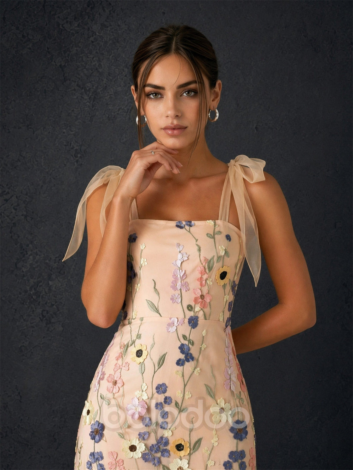 BOLODOO BD0367 champagne 3D floral midi dress - back view showing open V-back, tie-bow straps and crimson floral hem detail | BOLODOO watermark