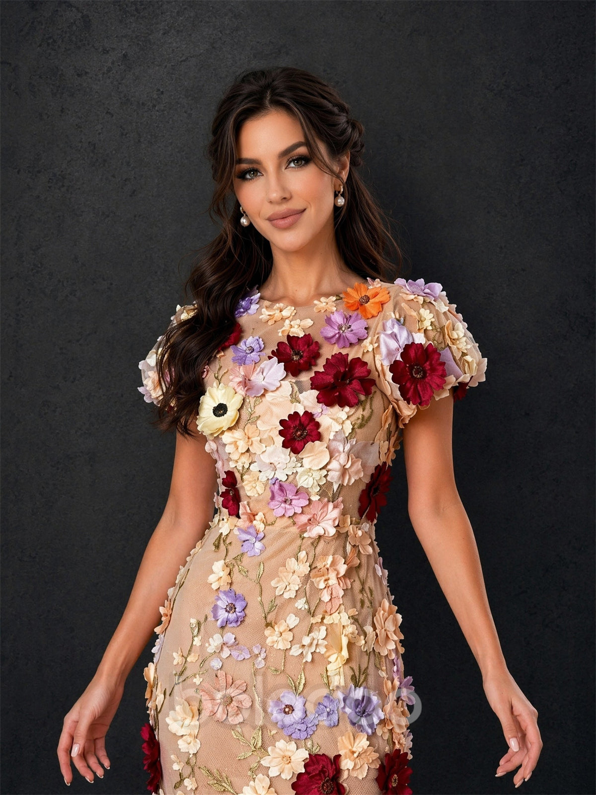 BOLODOO BD0372 champagne 3D multicolor floral maxi dress - front close-up showing round neckline, puff sleeves and densely layered floral appliqué bodice | BOLODOO watermark