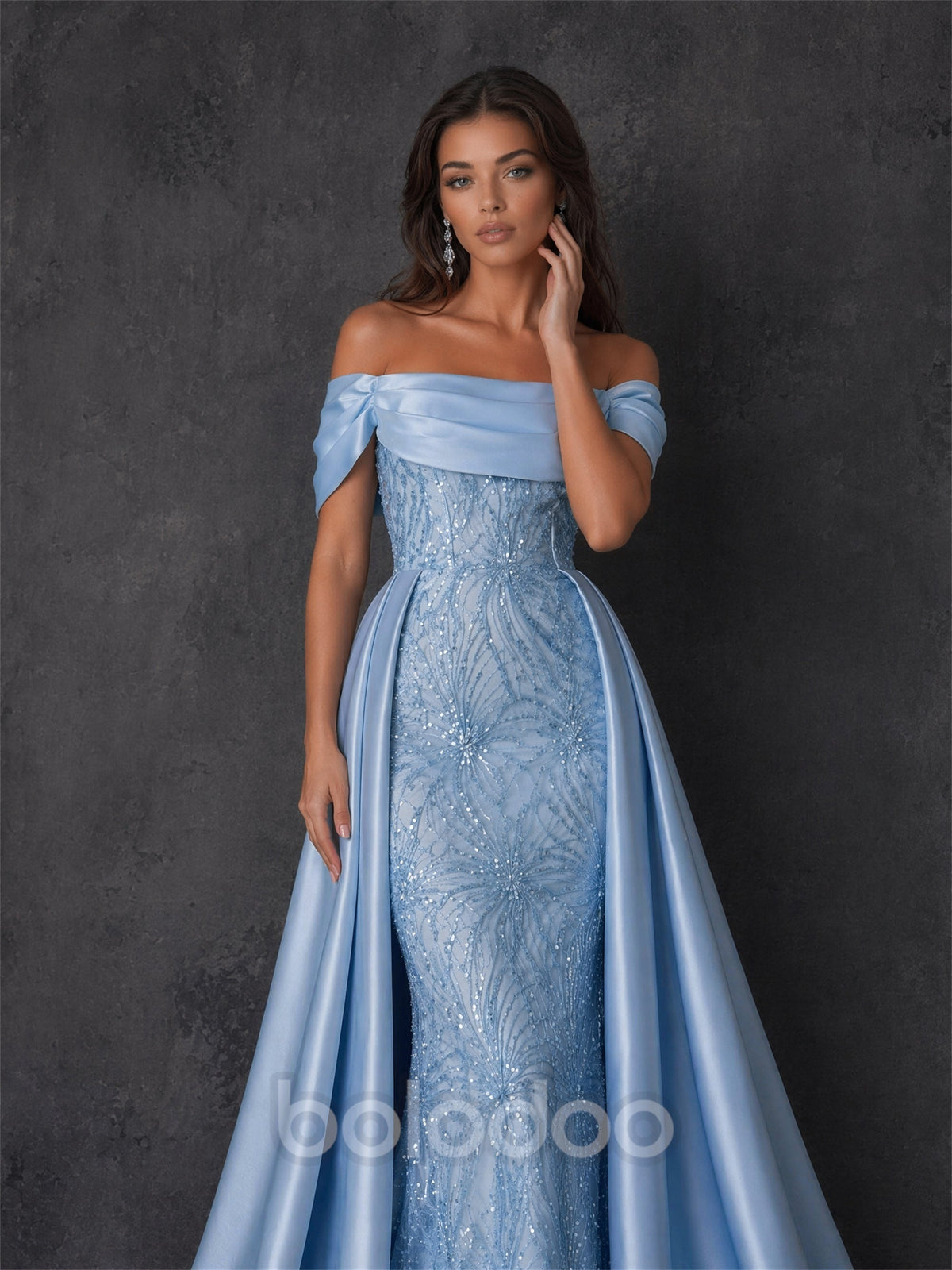 BOLODOO BD0411 steel blue sequin embroidered gown – second front view highlighting detachable satin overskirt with train and mermaid inner silhouette | BOLODOO watermark