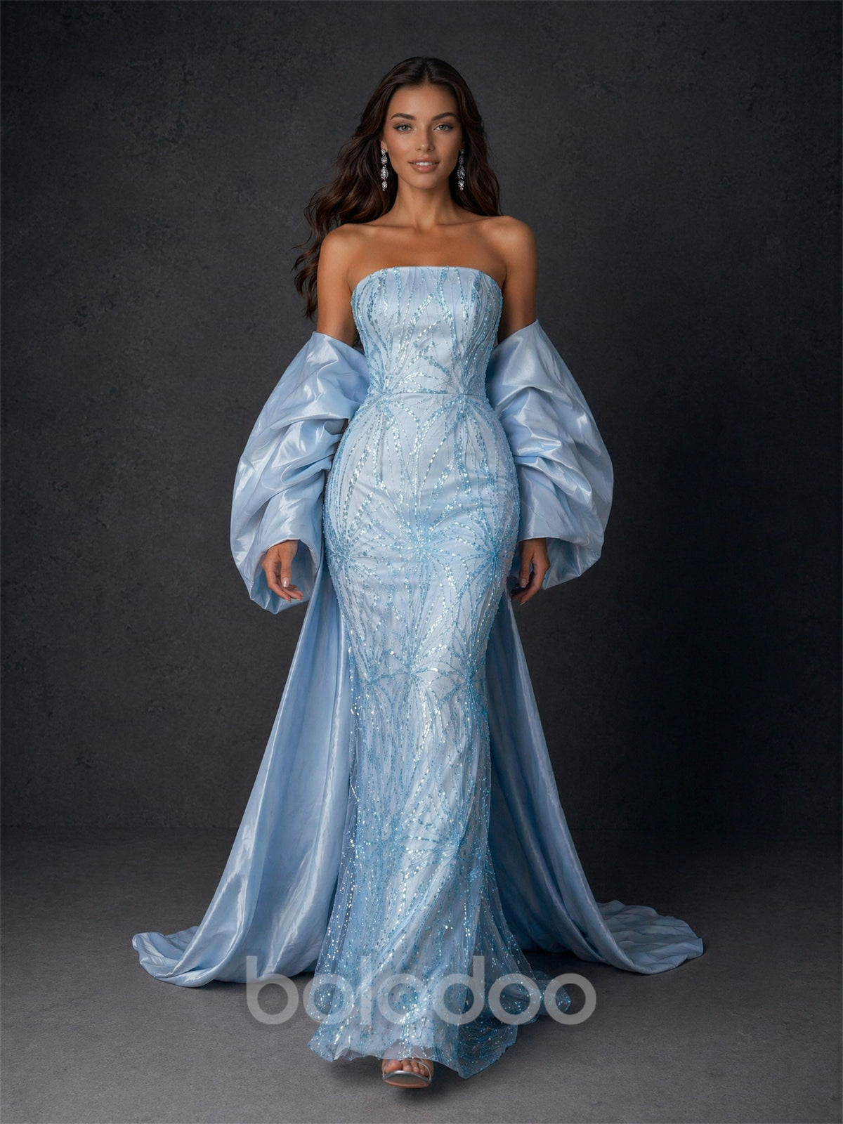 BOLODOO BD0412 light blue sequin strapless mermaid gown – back view showing fully open backless design with oversized puff sleeves and satin cape train | BOLODOO watermark