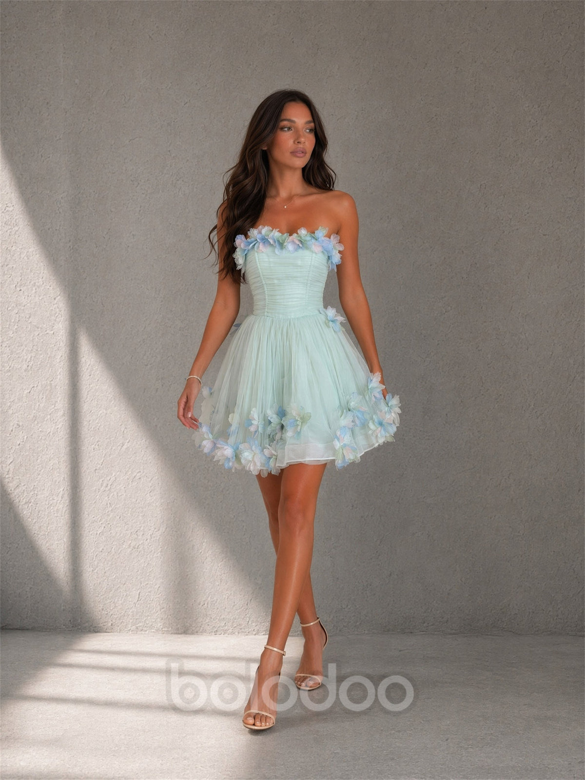 BOLODOO mint green strapless 3D floral tulle puff mini dress full length front view walking pose with strappy heels | BOLODOO watermark