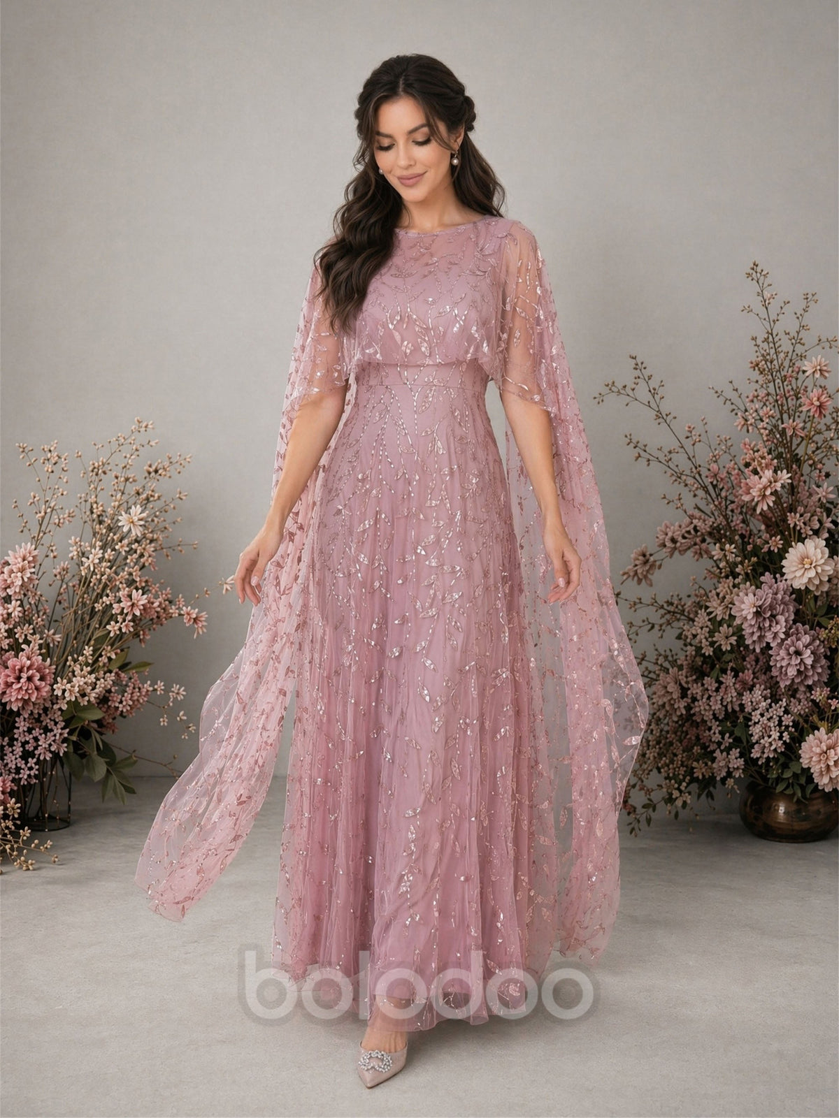 BOLODOO dusty rose sequin tulle mermaid gown with flutter cape sleeve and low V open back bow tie – full back view showing mermaid silhouette | BOLODOO watermark