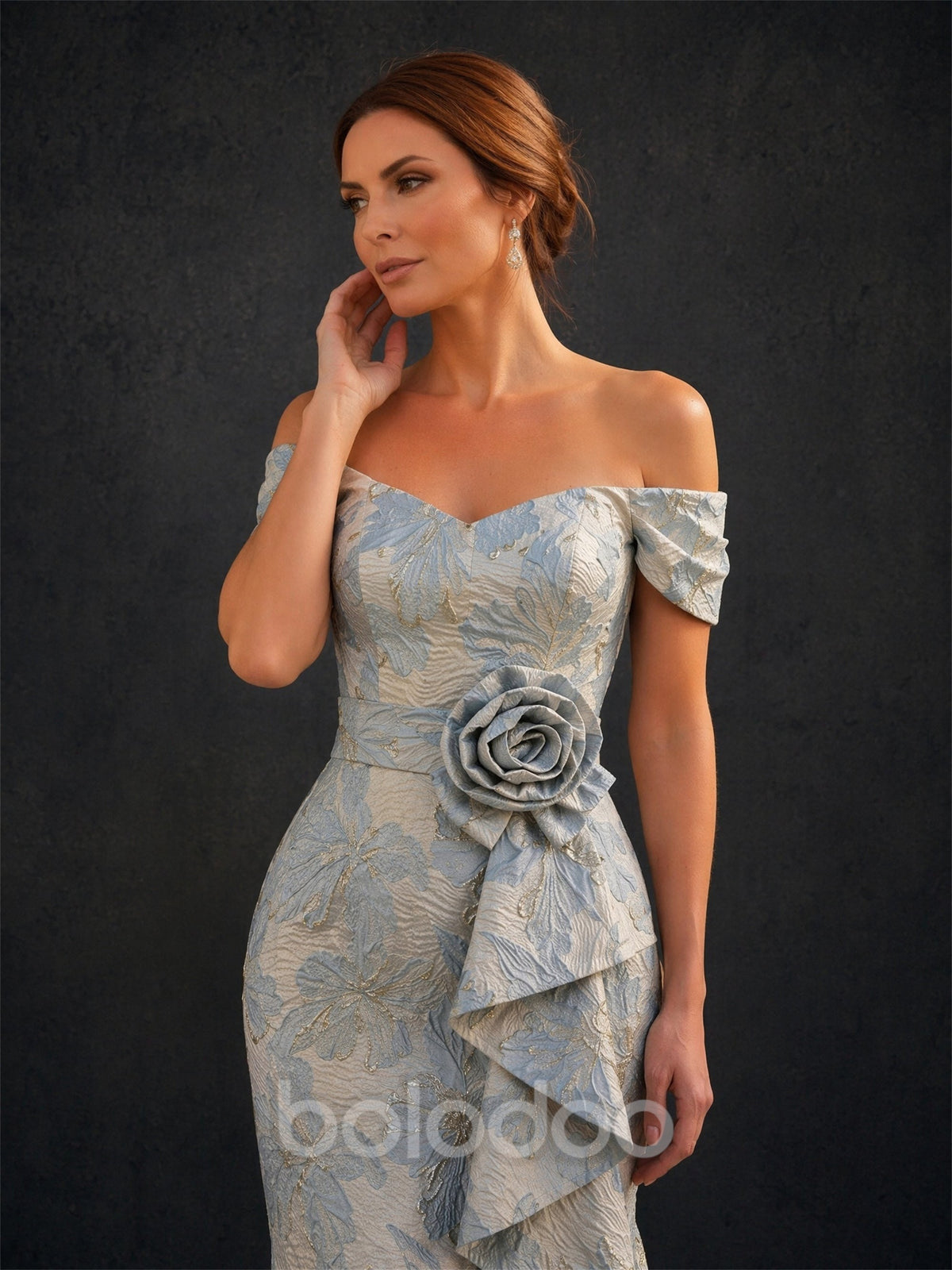 BOLODOO ice blue champagne gold floral brocade off-shoulder sweetheart mermaid floor length gown with 3D rose corsage and tiered side ruffle – front full length standing view | BOLODOO watermark