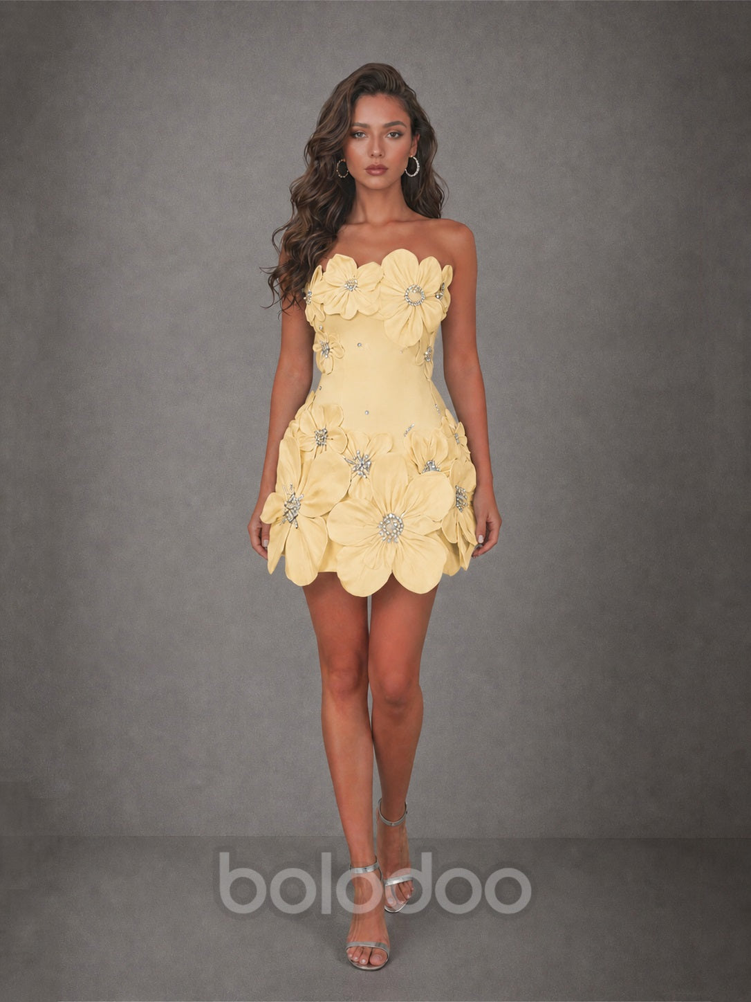 BOLODOO Light Yellow 3D Floral Strapless Mini Dress with Crystal Embellishments - view 4 | BOLODOO watermark