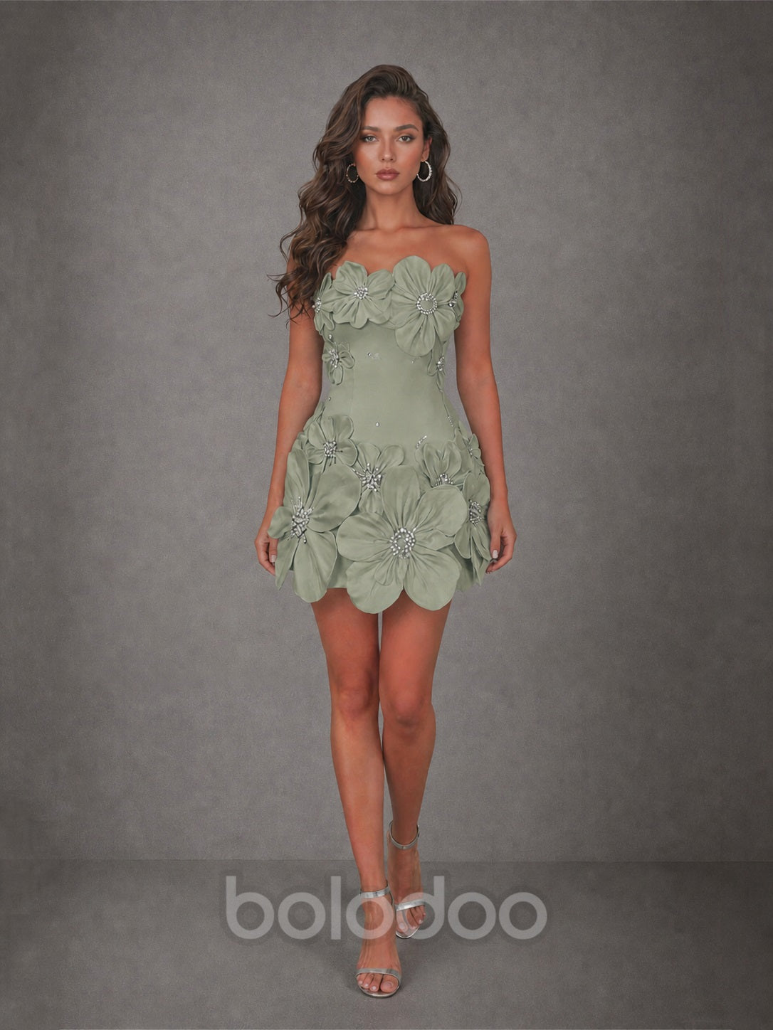 BOLODOO Sage Green 3D Floral Strapless Mini Dress with Crystal Embellishments - view 4 | BOLODOO watermark