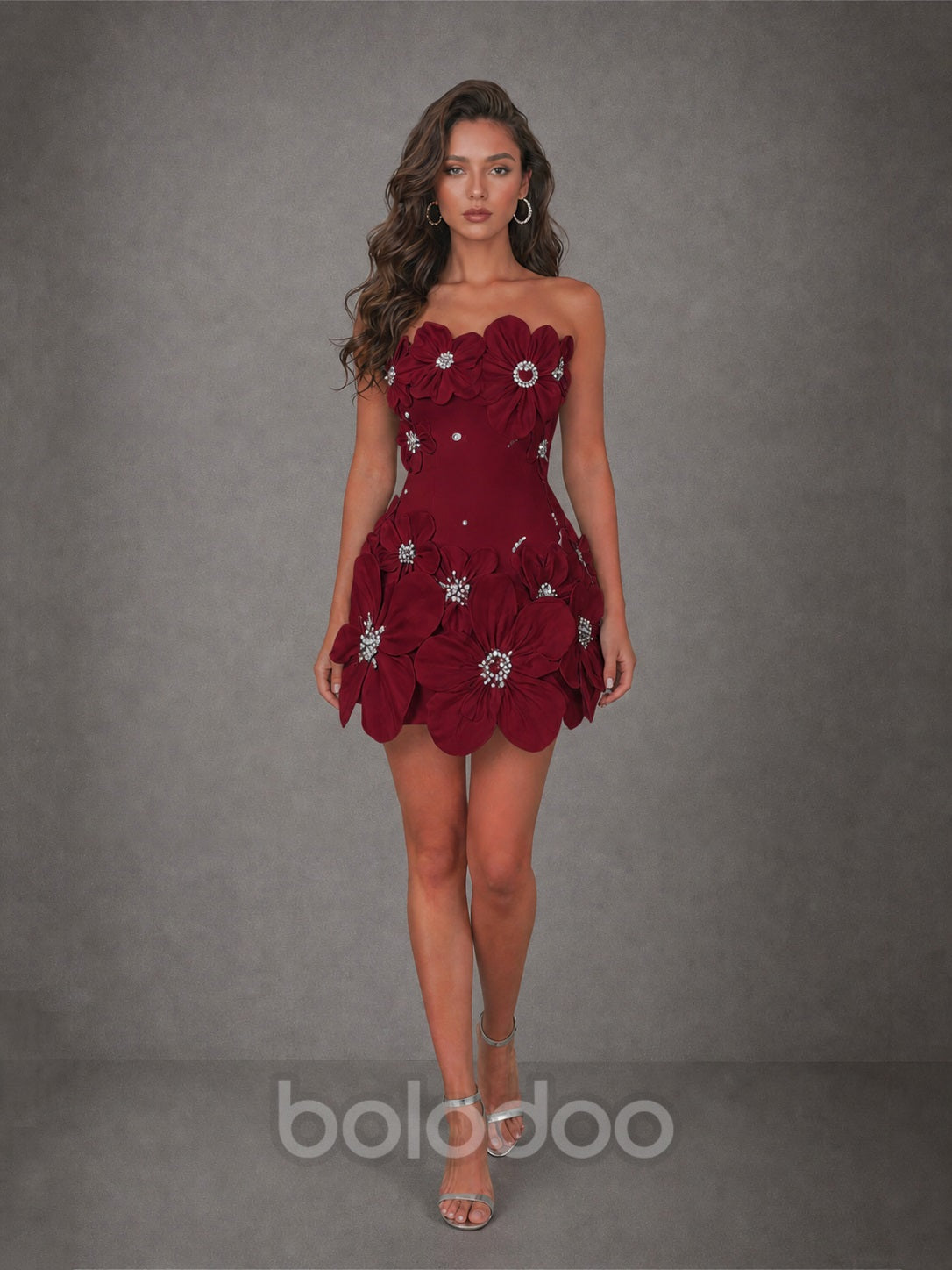 BOLODOO Burgundy 3D Floral Strapless Mini Dress with Crystal Embellishments - view 4 | BOLODOO watermark