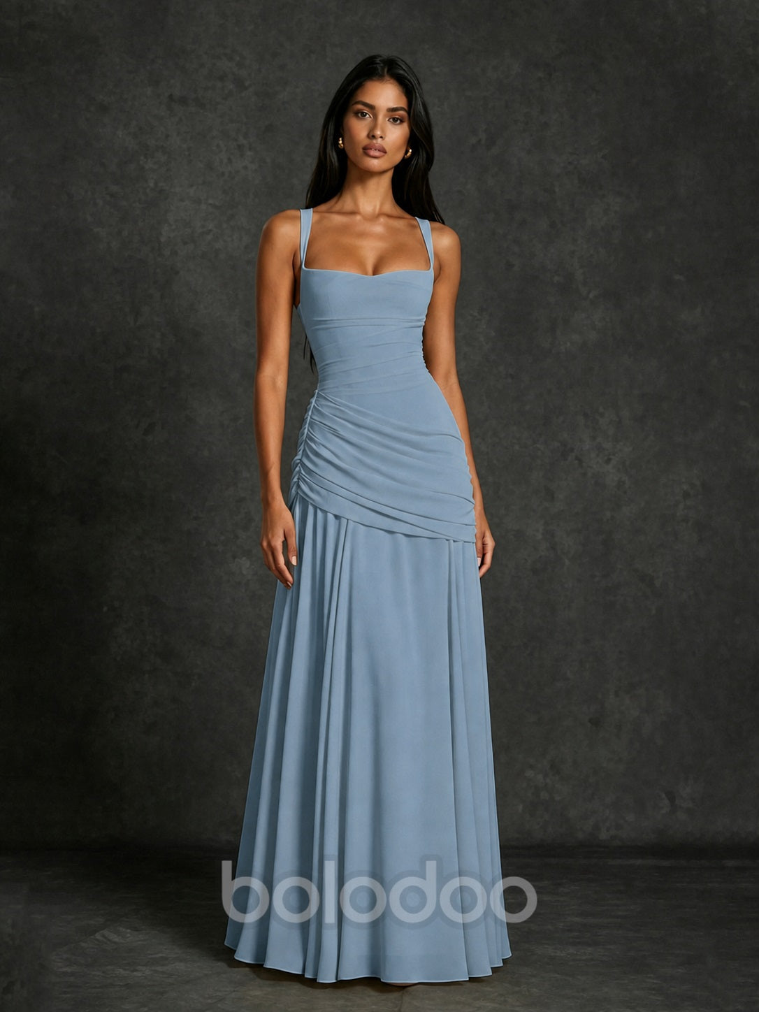 BOLODOO Square Neck Ruched A-Line Maxi Dress - Dusty Blue Backless Evening Gown - view 4 | BOLODOO watermark