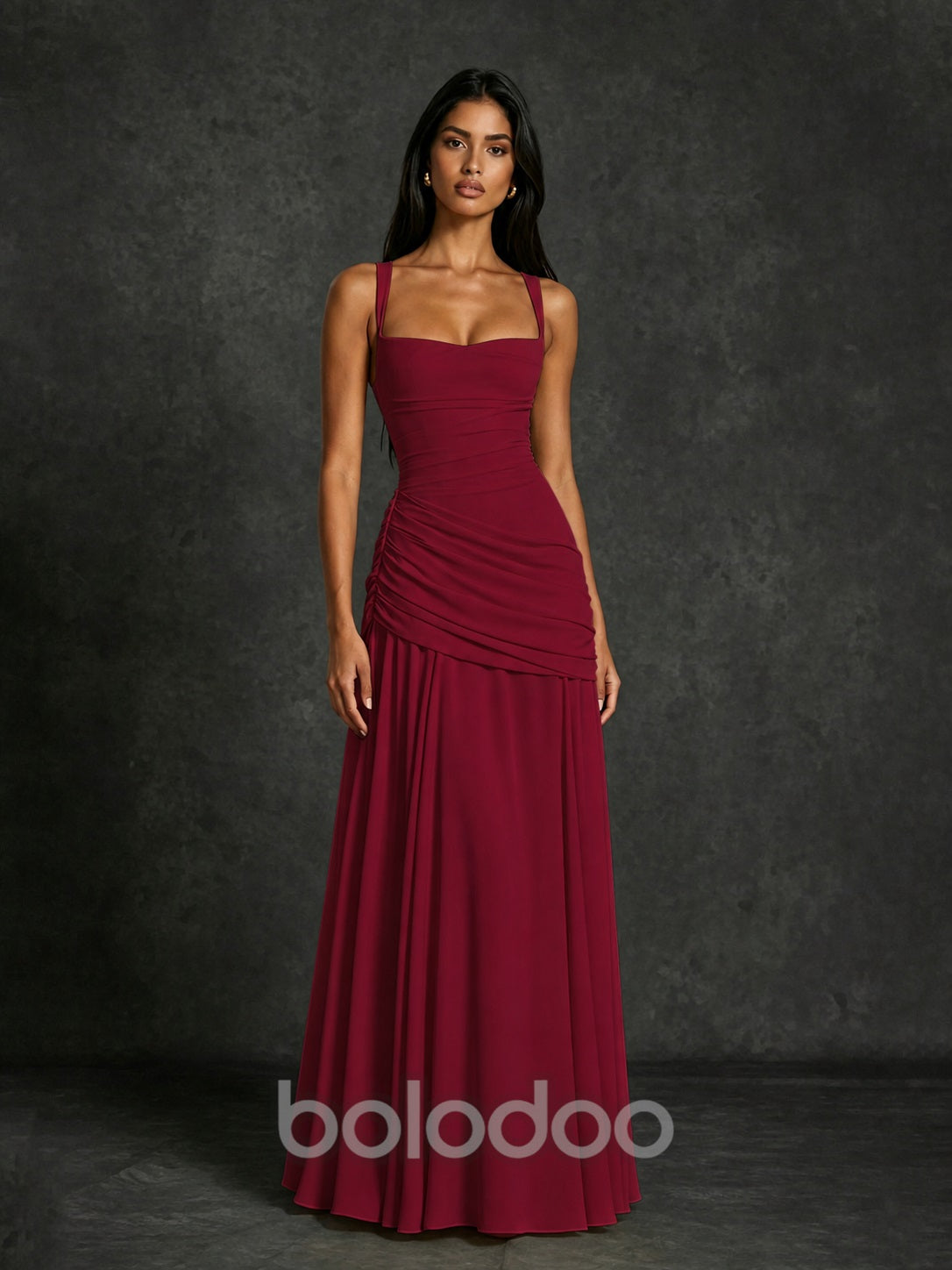 BOLODOO Square Neck Ruched A-Line Maxi Dress - Burgundy Backless Evening Gown - view 4 | BOLODOO watermark