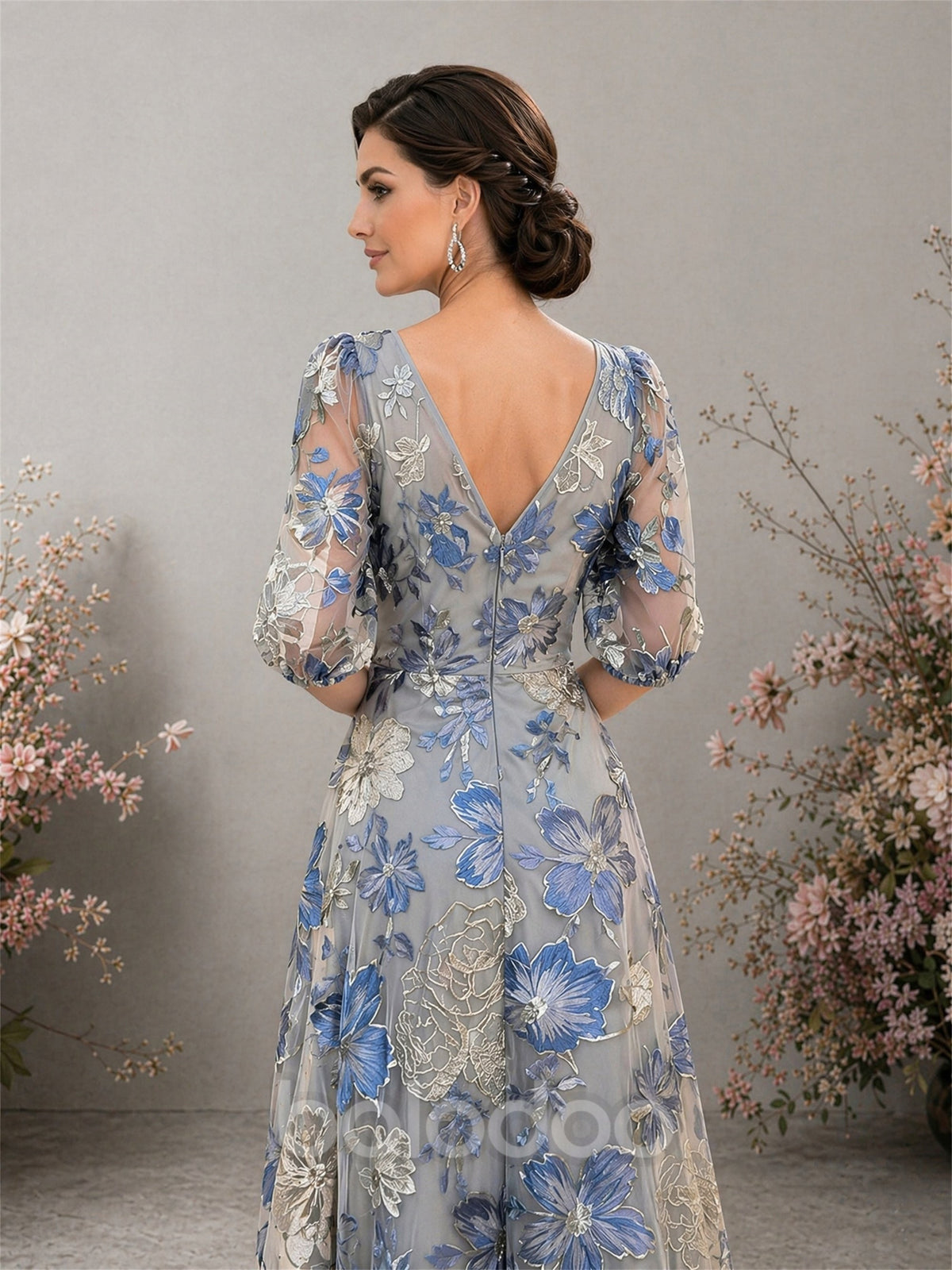 BOLODOO dusty blue floral embroidered tiered ruffle gown – front full length view | BOLODOO watermark