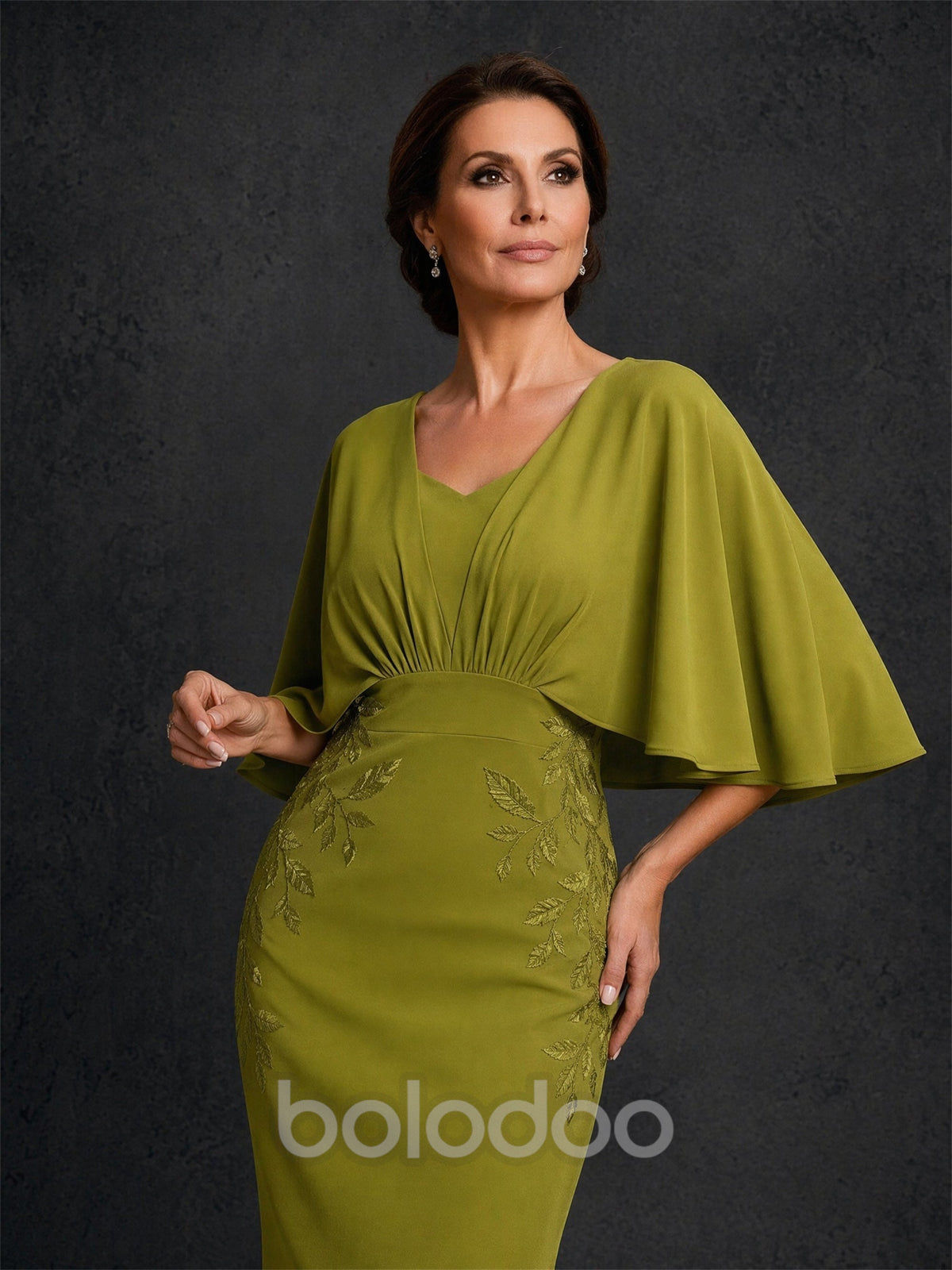 BOLODOO olive green gown – V-neck cape sleeve bodice and hip leaf embroidery close-up detail | BOLODOO watermark