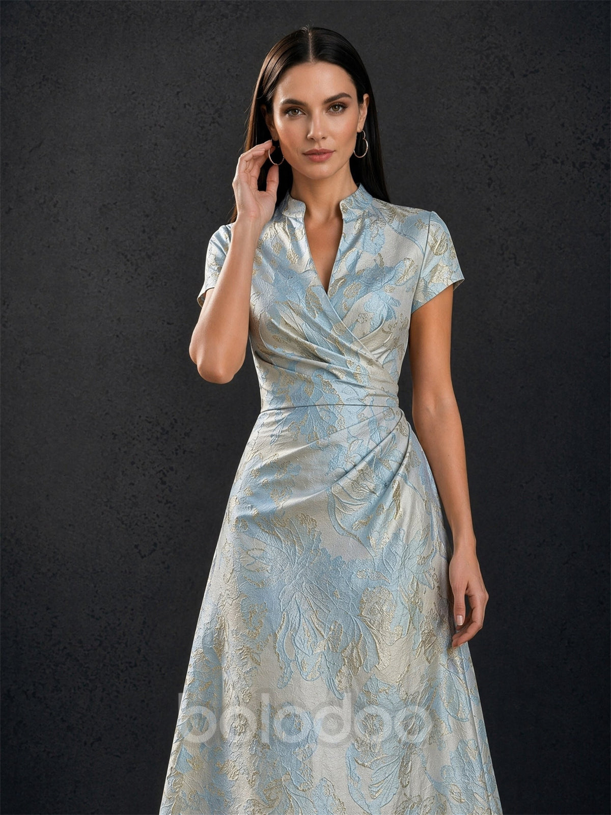 BOLODOO light blue gold jacquard dress – mandarin collar split V-neck cap sleeve and ruched waist close-up detail | BOLODOO watermark