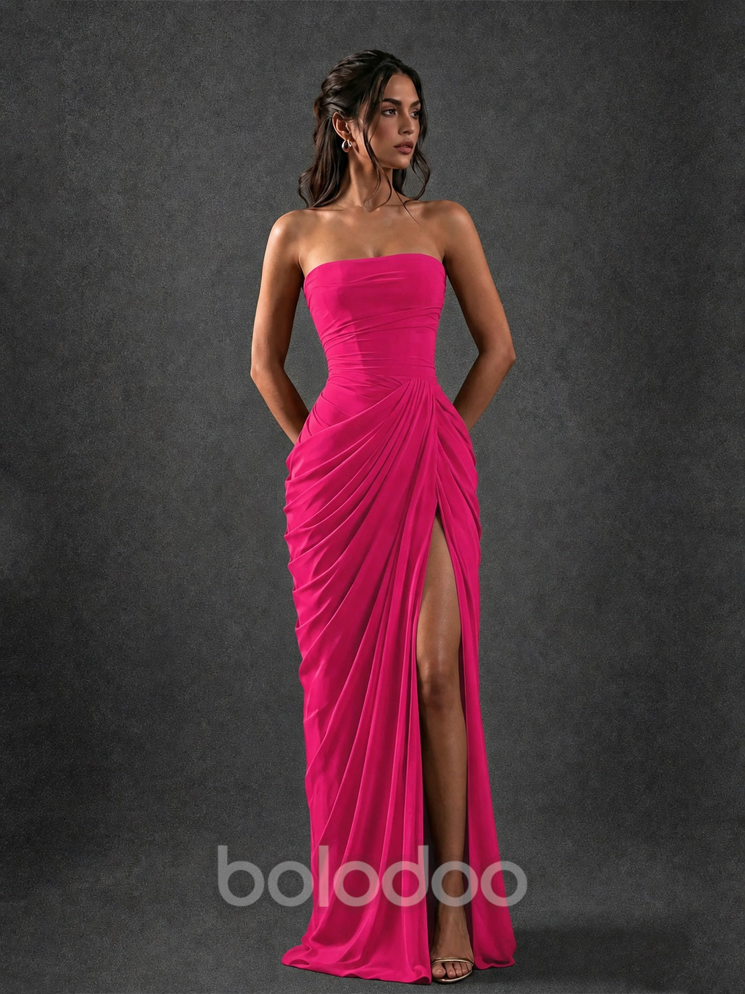BOLODOO Strapless Draped Maxi Dress - Hot Pink Backless Evening Gown with High Slit - view 4 | BOLODOO watermark