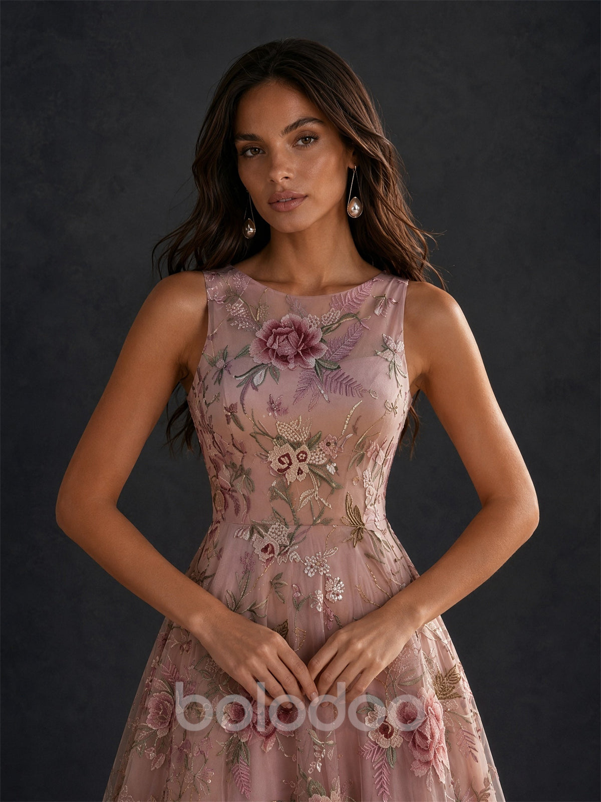 BOLODOO BD0480 dusty rose 3D floral embroidered tulle high-low gown – back view showing V-back design | BOLODOO watermark
