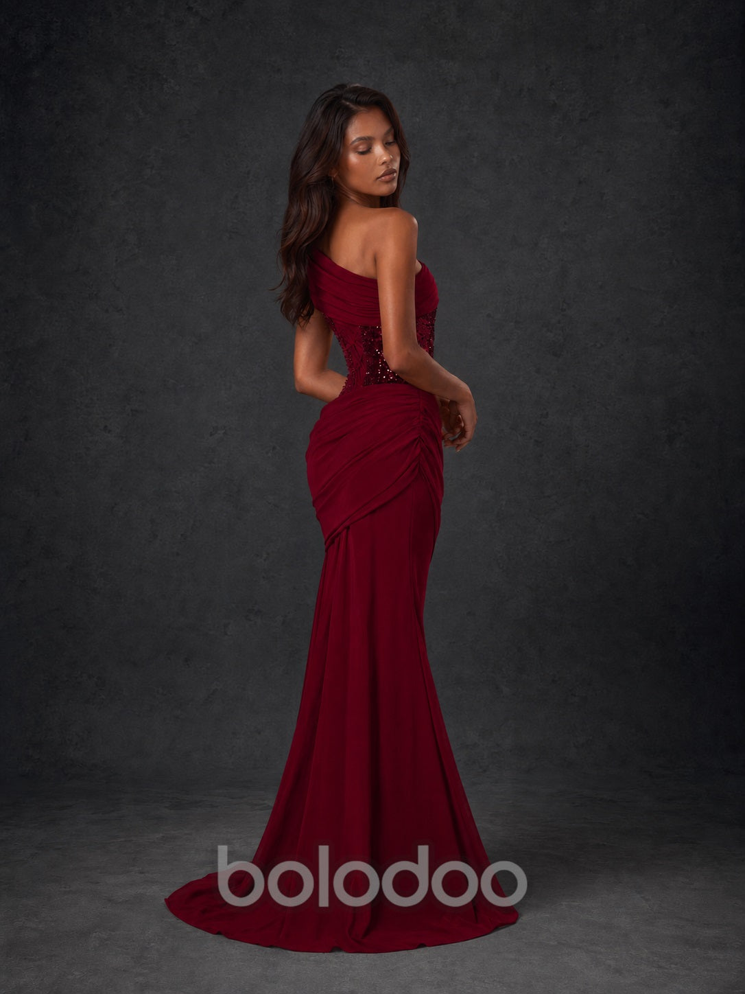 BOLODOO Burgundy One-Shoulder Sequin Embroidered Ruched Mermaid Gown with Train - view 4 | BOLODOO watermark