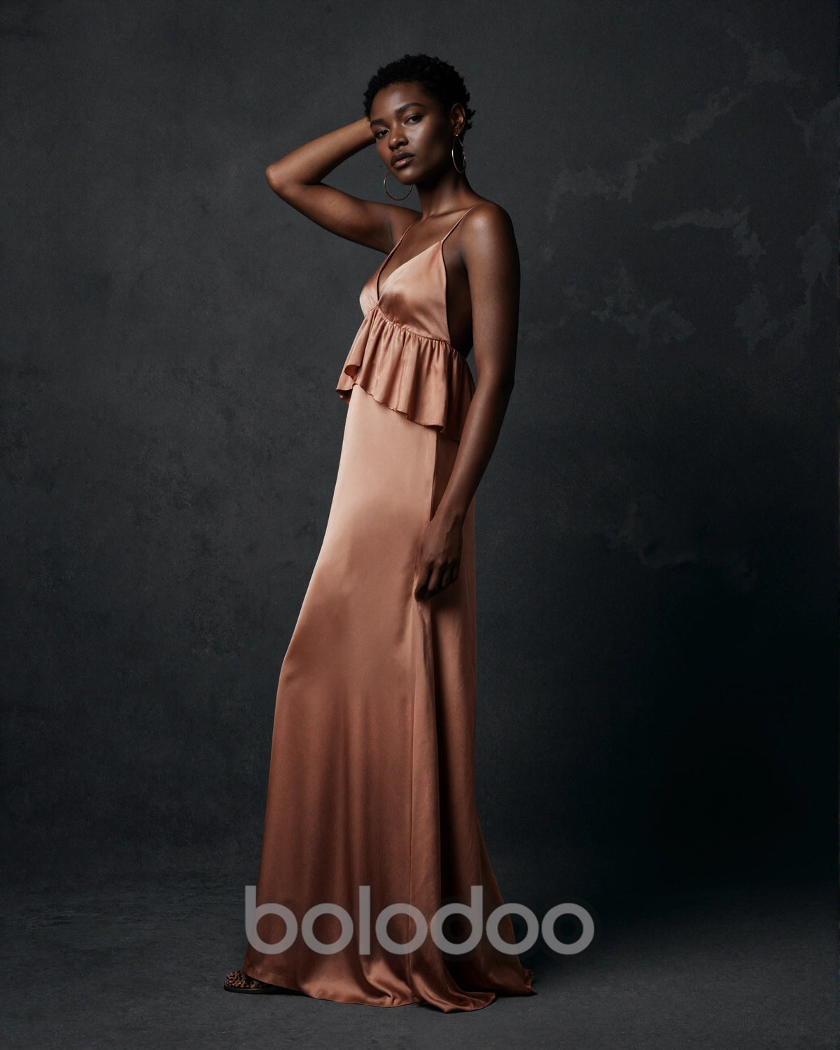 BOLODOO Rose Gold Satin Ruffle Backless Maxi Dress maxi dress | BOLODOO watermark